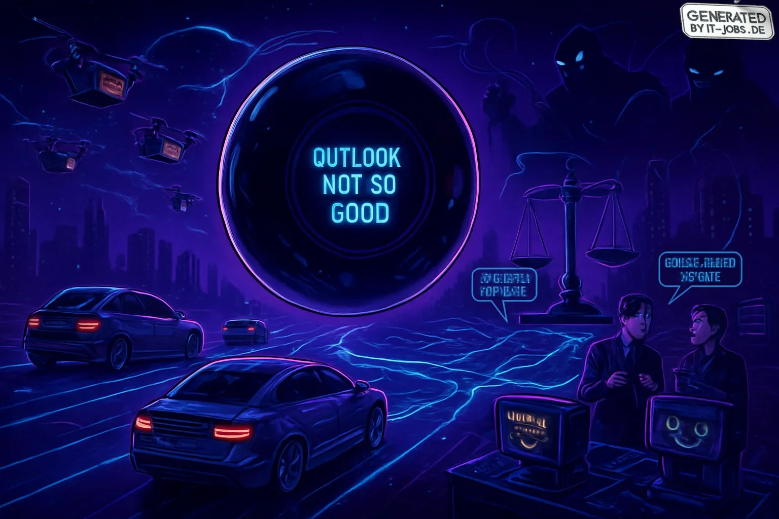 A surreal digital artwork features sleek, metallic vehicles on neon-lit roads under a dark purple sky. Drones deliver packages while a giant Magic 8-Ball reflects humorous questions about traffic. Oversized legal scales balance amidst a digital cityscape,