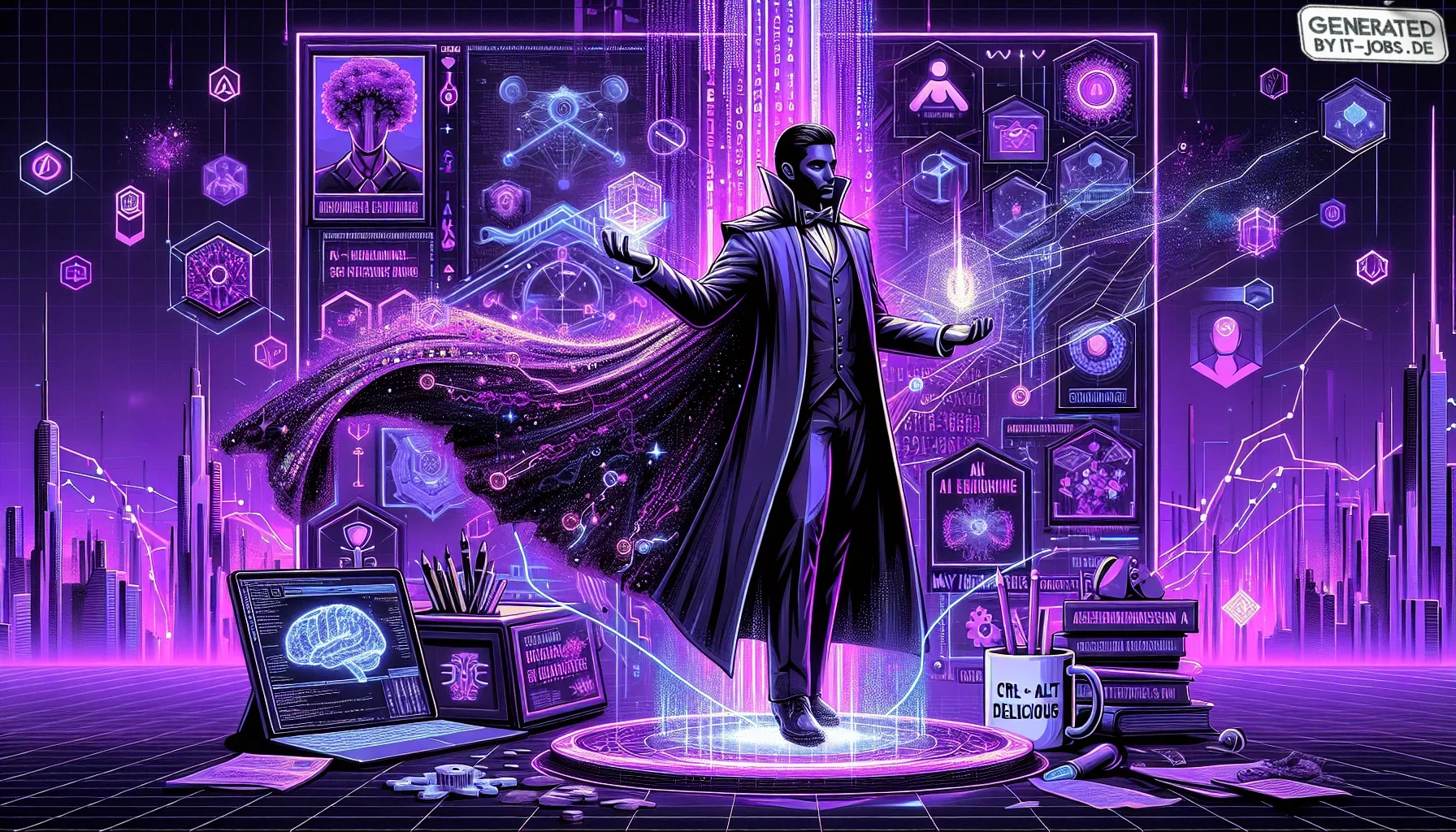 Visualizing the content of the paragraph described, we enter a dynamically illustrated digital canvas that bursts with a dark purple theme, setting an enigmatic and futuristic tone. The style is distinctly edgy, blending sharp lines with bursts of neon ac