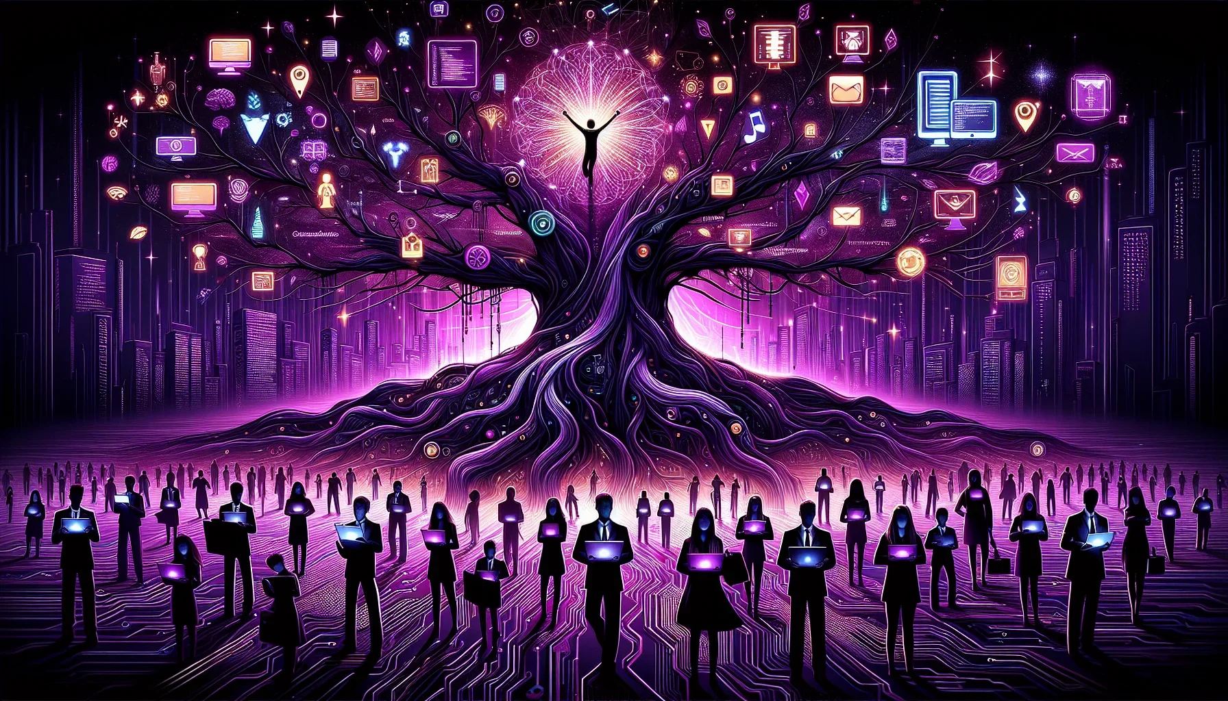 In my vision, the visualization for the paragraph on "Essential Skills and Qualifications" for IT working students is striking and dynamic, playing heavily on a dark purple theme. The image is a blend of cyberpunk aesthetics and modern graphic novel style