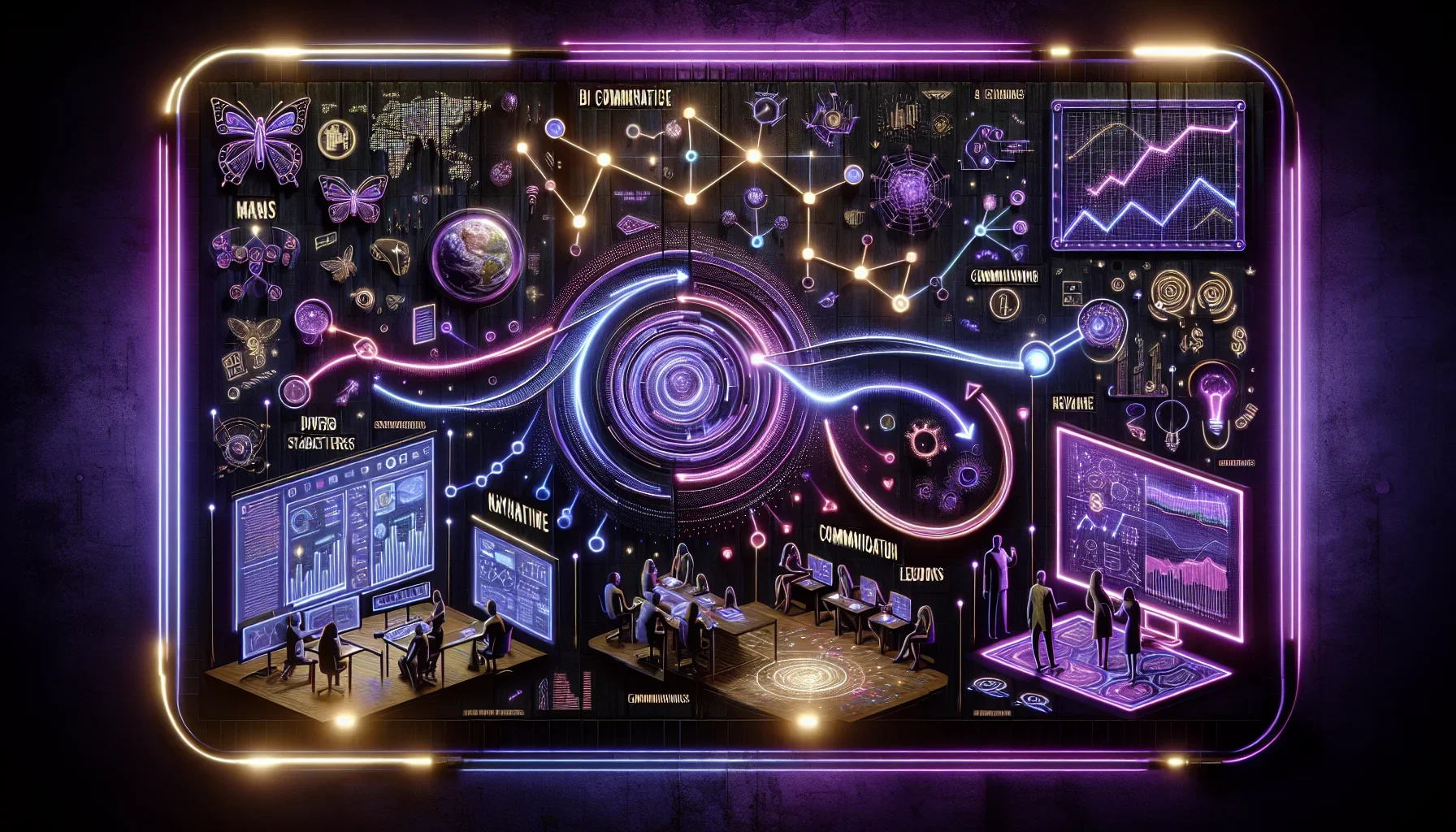 Imagine an edgy and dynamic digital artwork that boldly embodies the essence of advanced Business Intelligence (BI) communication strategies, all set against a deep, dark purple backdrop that evokes a sense of mystery and sophistication.

At the center, a