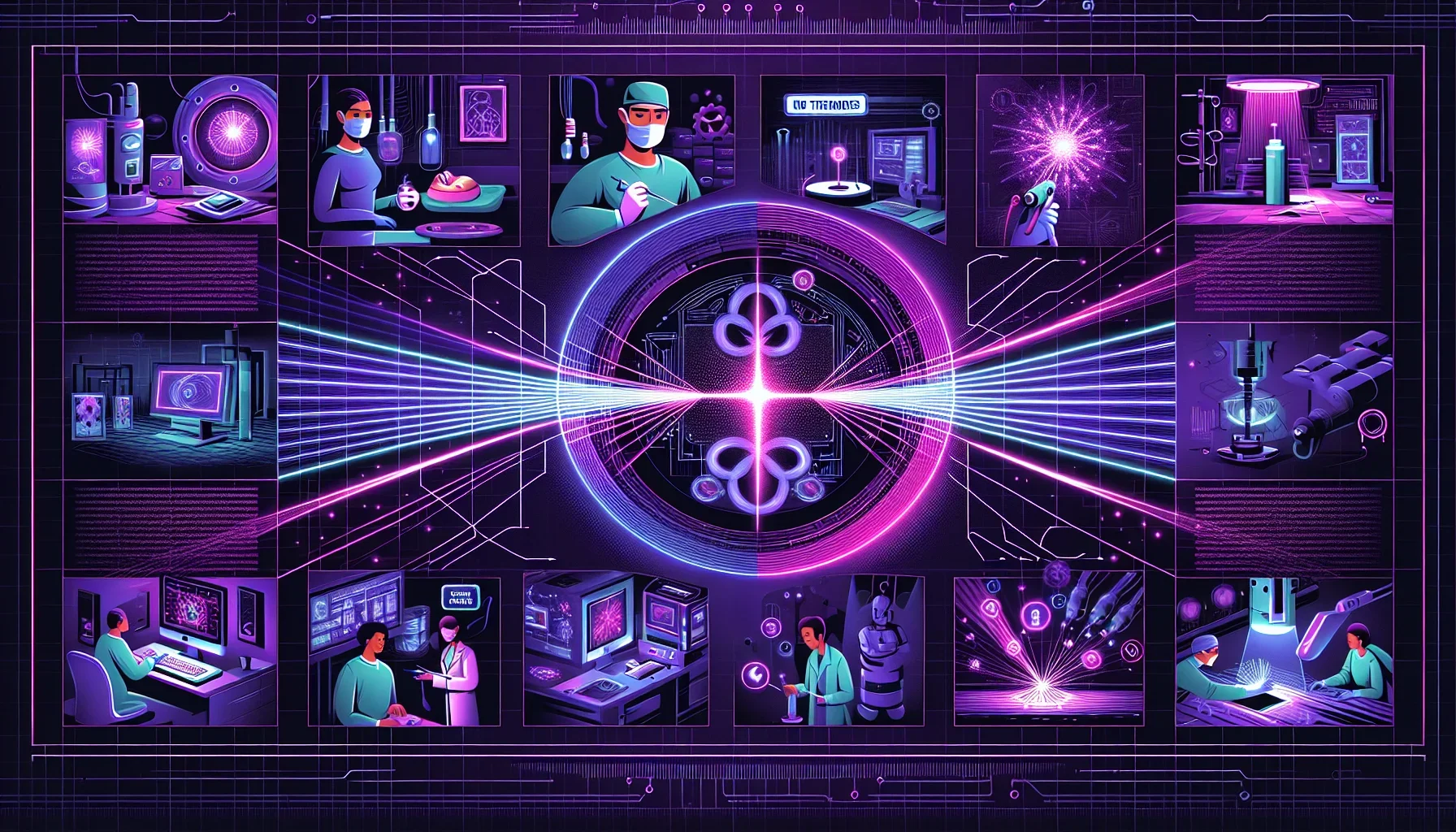 Imagine an artfully designed, vibrant digital poster that unfolds the myriad applications of laser technology in a dark purple theme, accentuated by neon highlights and a touch of edgy, tech-inspired aesthetics.

The central focus of the image is a large,