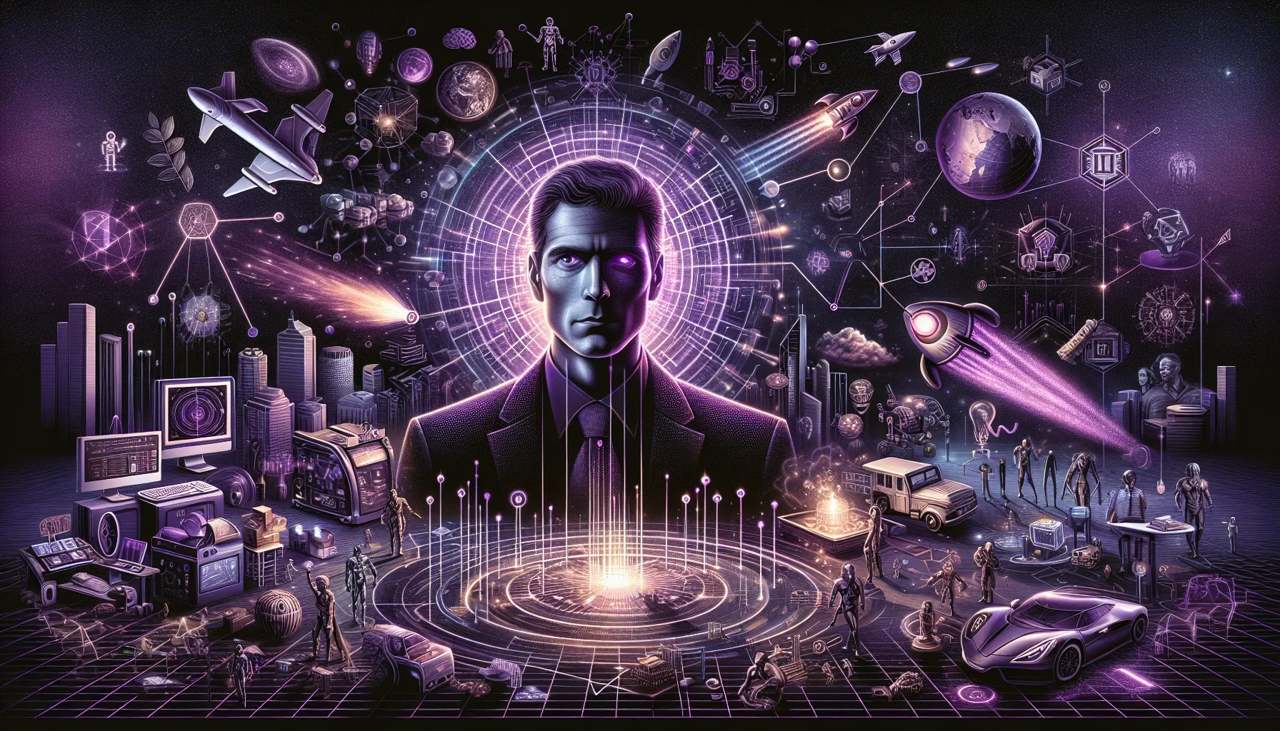 A dynamic and edgy visual representation dominated by dark hues of purple, symbolizing wisdom, ambition, and Musk's vision of the future. The scene would be laden with elements of pop culture and IT references that subtly play into the narrative. 

A larg