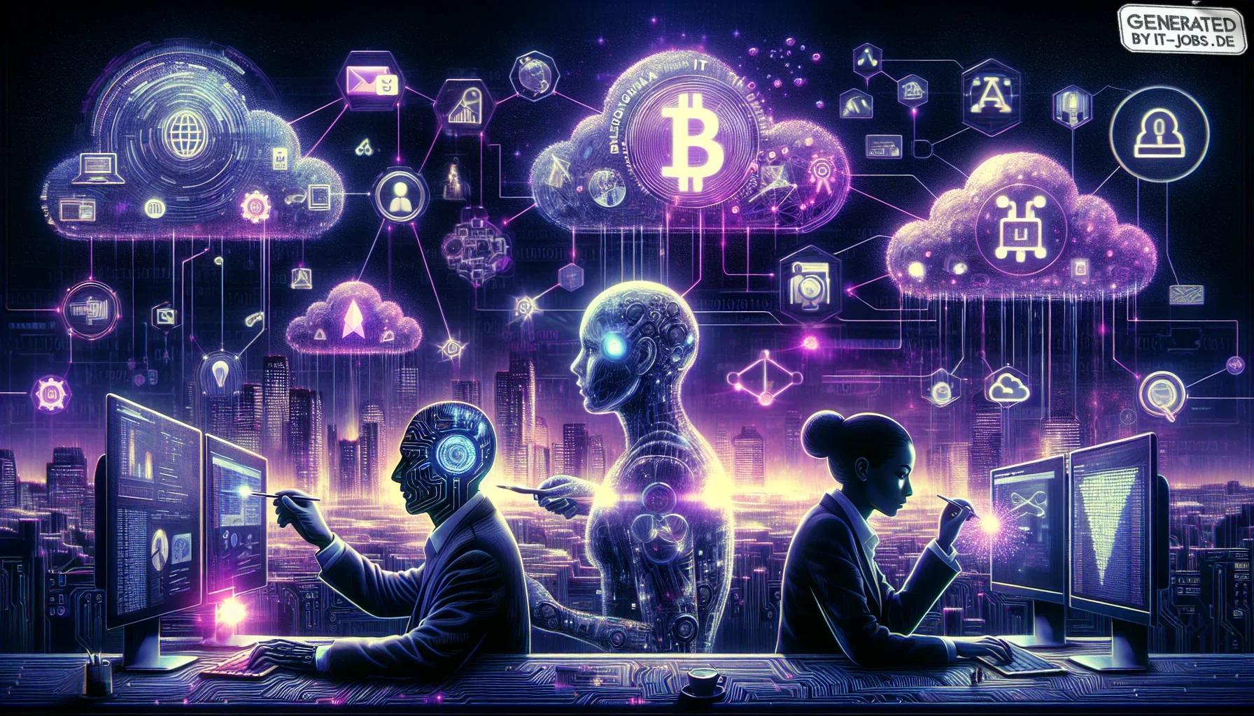 Visualizing your described paragraph in an artistic, edgy style with a dark purple theme intertwined with pop culture and IT-related Easter eggs creates a striking and thought-provoking image:

### Central Imagery:
The main focus is a large, mysterious, d