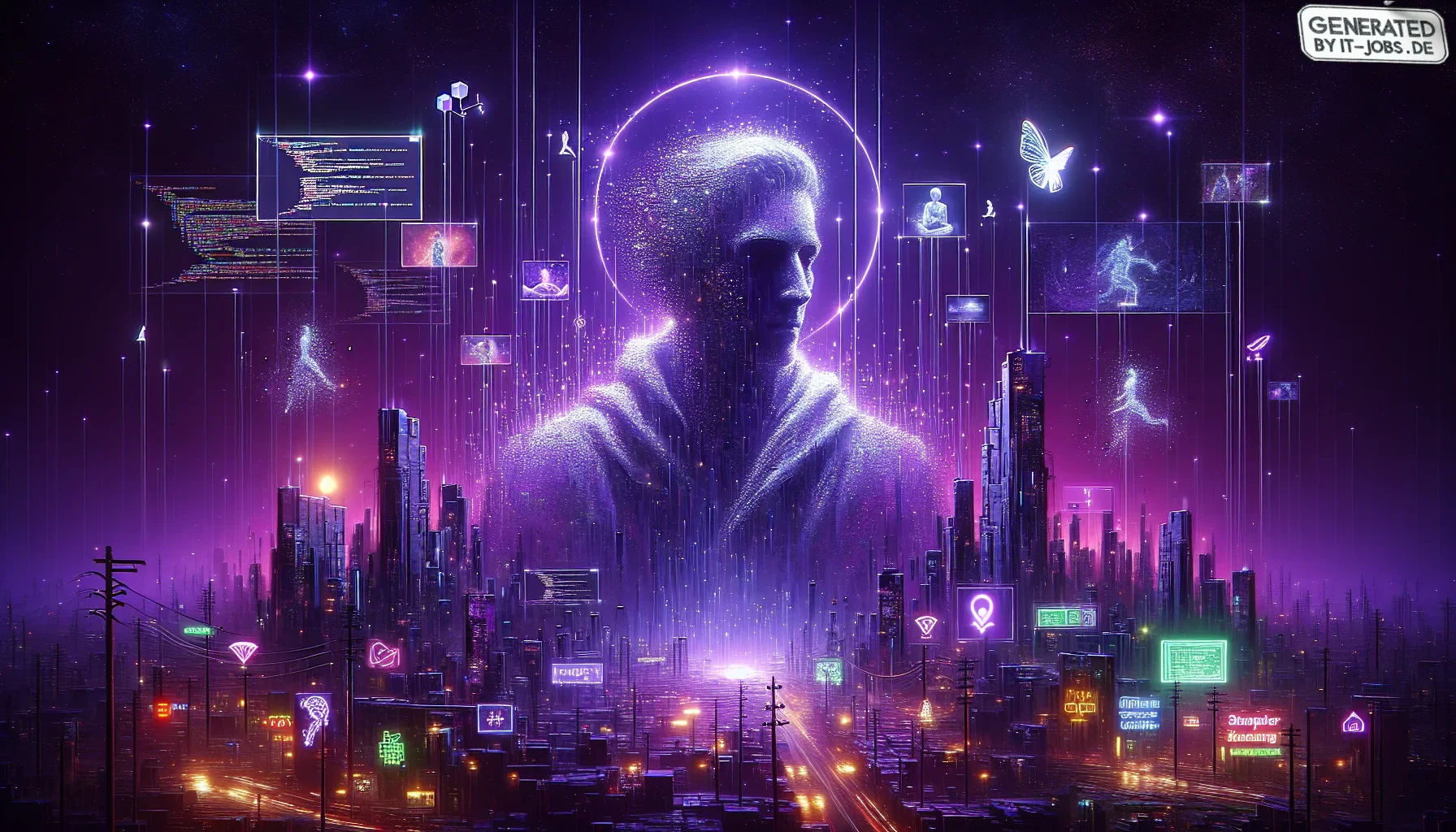 I imagine a captivating digital artwork that powerfully encapsulates the essence of the paragraph, set against a deep, dark purple backdrop that conveys a sense of mystery and depth. The scene unfurls in a stylized, almost cyberpunk cityscape, illuminated