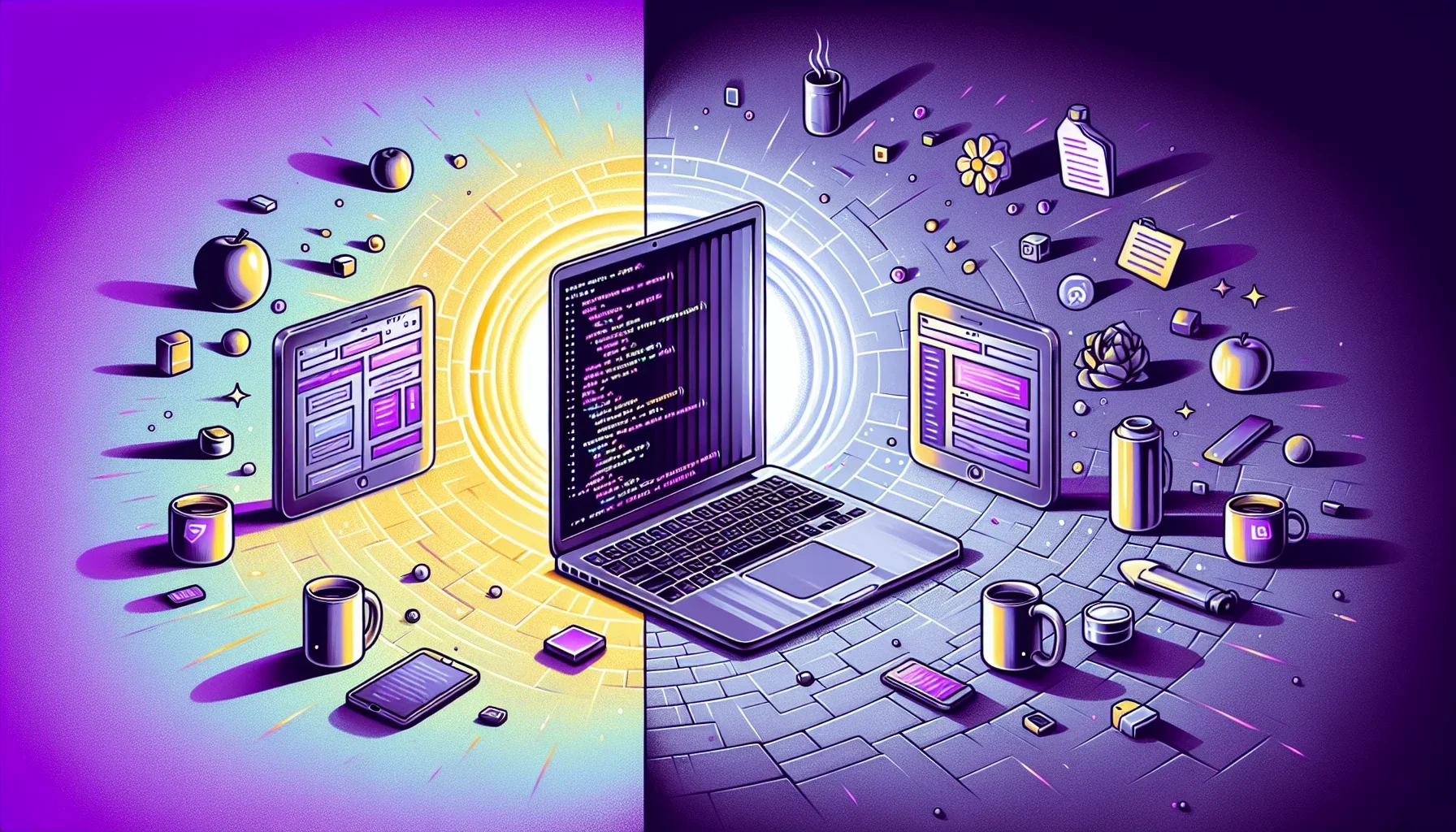 A striking image divided into two halves. On the left, a representation of the established IT systems: a sleek, silver MacBook Pro with an ERP, CRM, ITSM interface, bathed in a soothing, soft glow. The screen of the MacBook displays lines of code, all in 