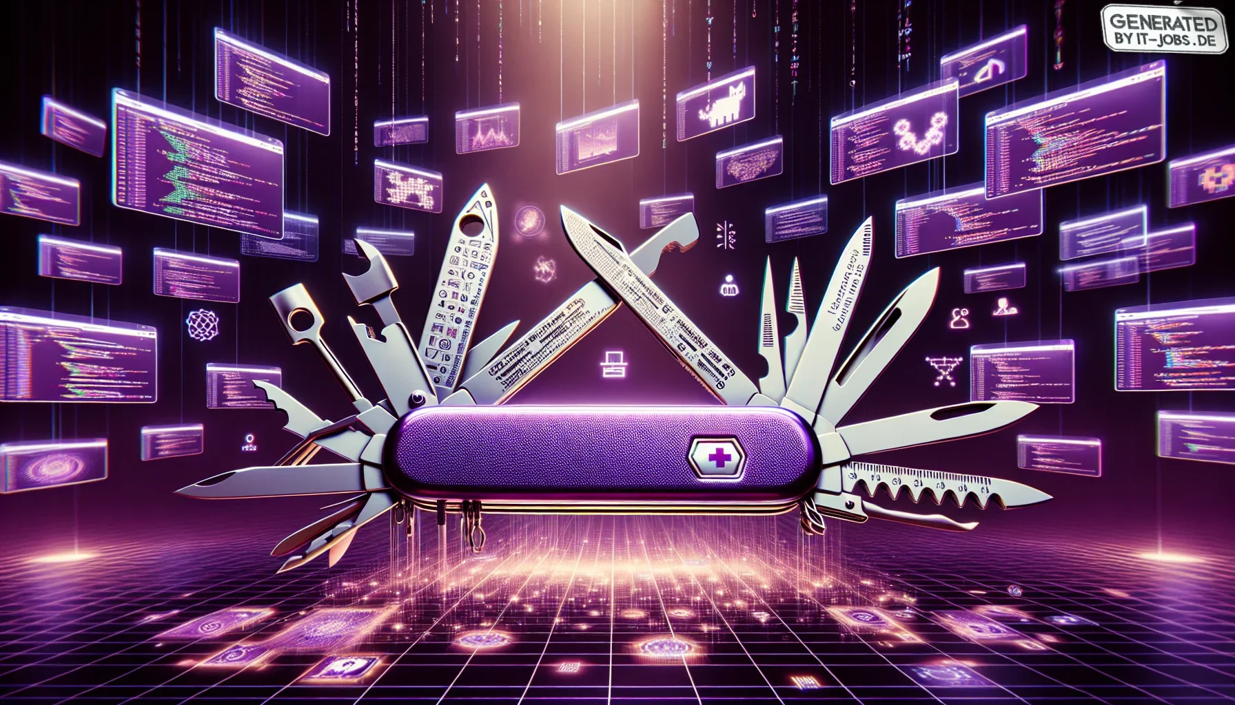 Visualize stepping into a futuristic, yet slightly whimsical digital workshop, where the essence of creativity and coding merge into a vibrant spectacle. The background is a deep, dark purple, casting a mysterious but inviting glow across the scene. This 