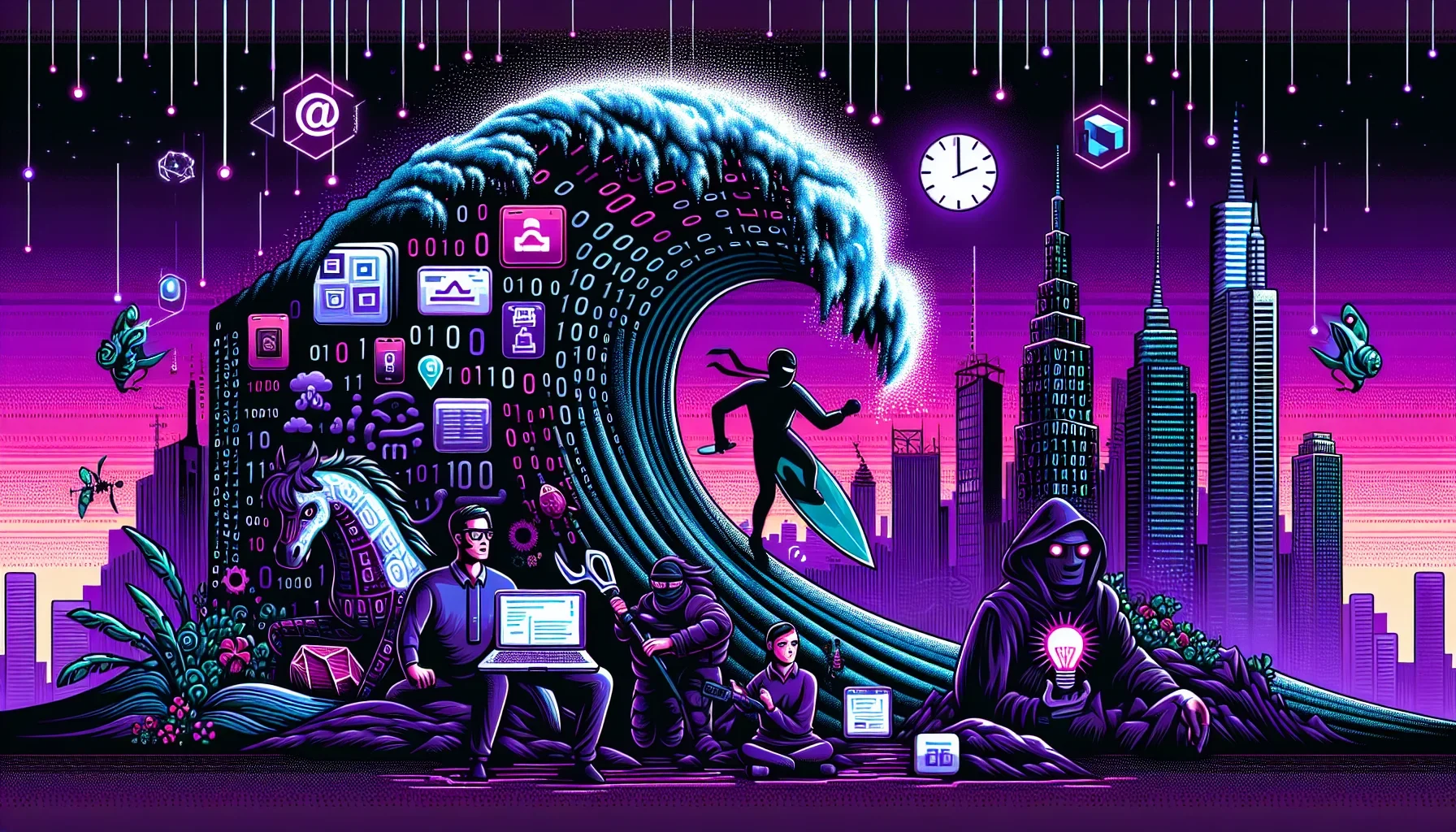 A vibrant, edgy, dark purple landscape dominated by a massive wave of binary code (0s and 1s) representing the No-Code and Low-Code platforms. The wave is filled with a variety of app icons and developer tools, symbolizing the diverse range of application