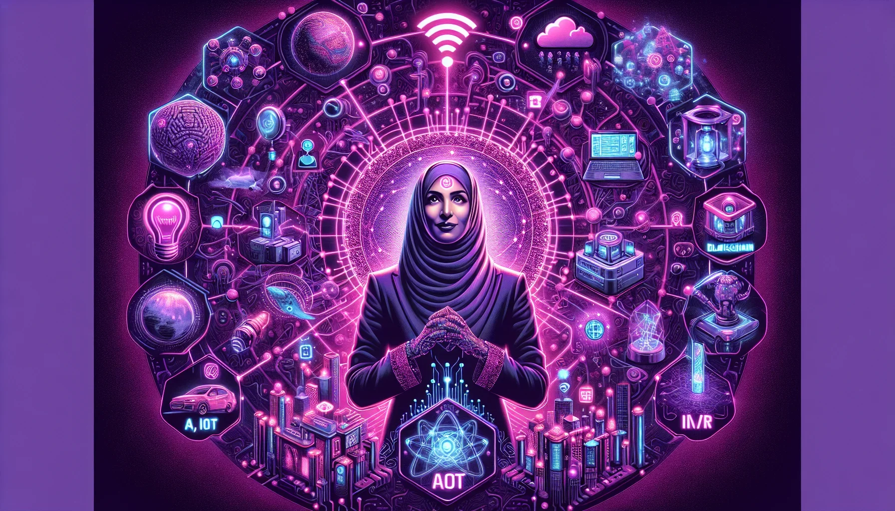 Visualize a bold and captivating digital art piece that transports the viewer into a futuristic, tech-driven world, dominated by a mysterious dark purple hue that sets an enigmatic yet energetic tone. The composition is a clever mesh of real-world and dig