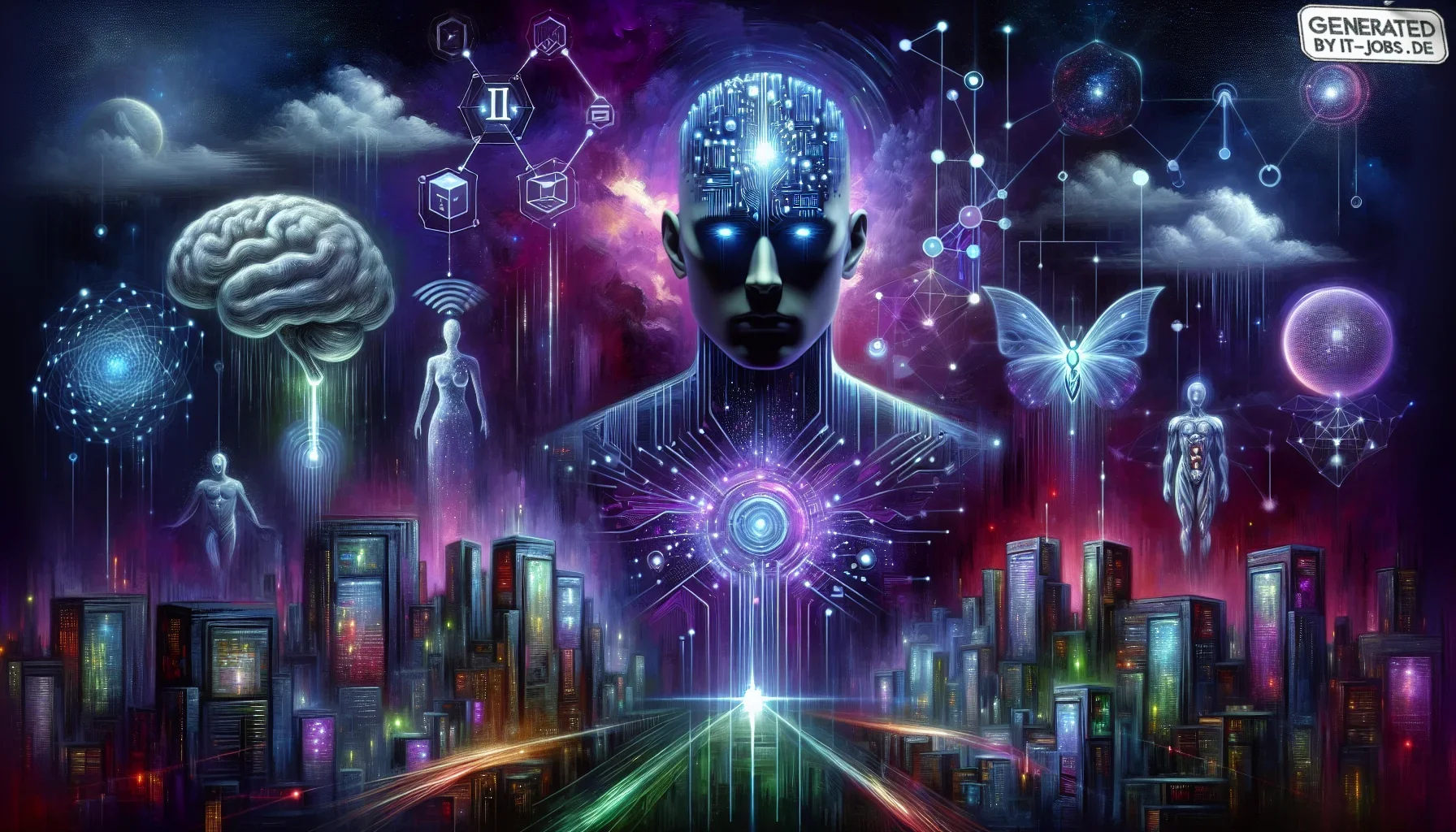 The visualization for "Technologies Driving Change" is a dynamic, cinematic digital artwork that pulsates with the energy of digital revolution, encapsulated within a moody, dark purple color palette that adds a sense of mystery and futuristic allure. 

A