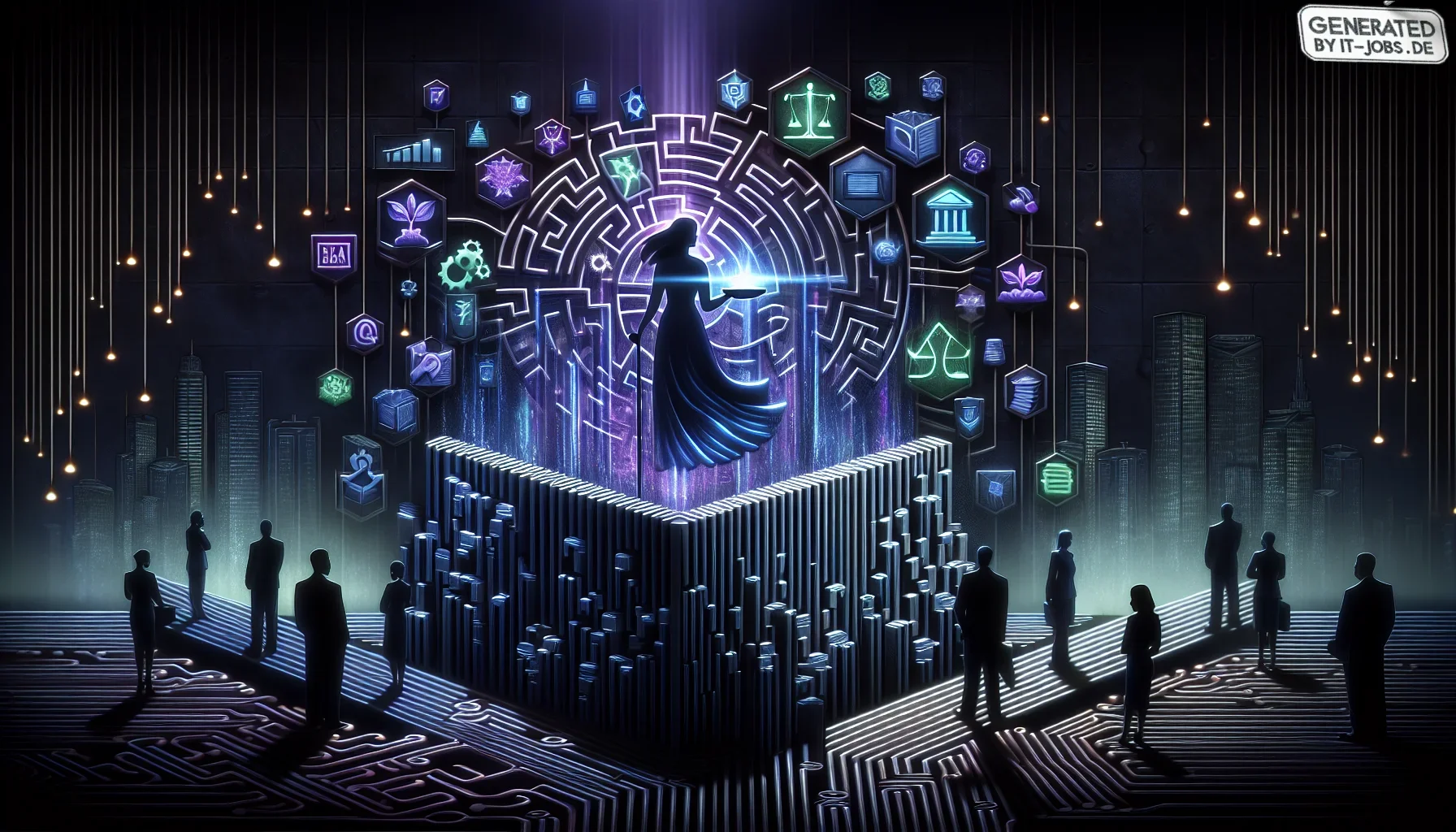 Visualize a captivating digital art piece that embodies the intricate and vital role of IT Business Analysts in navigating the complex landscape of regulatory compliance. The overall tone of the image is moody and sophisticated, dominated by shades of dar