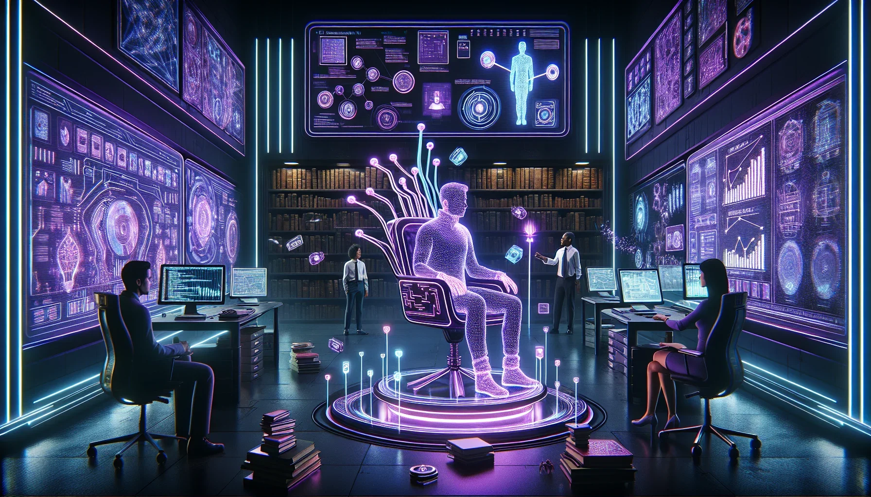 Visualize a dynamic and imaginative digital canvas, predominantly shaded in deep, moody purples that evoke a sense of mystery and technological prowess. The scene is set in a futuristic, slightly dystopian office space, blending the mundane with the magic