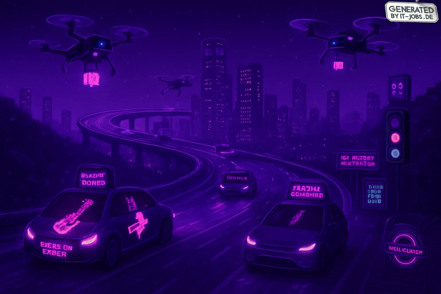 A futuristic dreamscape in dark purple showcases AI-driven transportation. An intricate highway spirals upward with autonomous vehicles adorned with playful slogans. Drones deliver packages, while a vibrant urban skyline pulses with dynamic digital art. E
