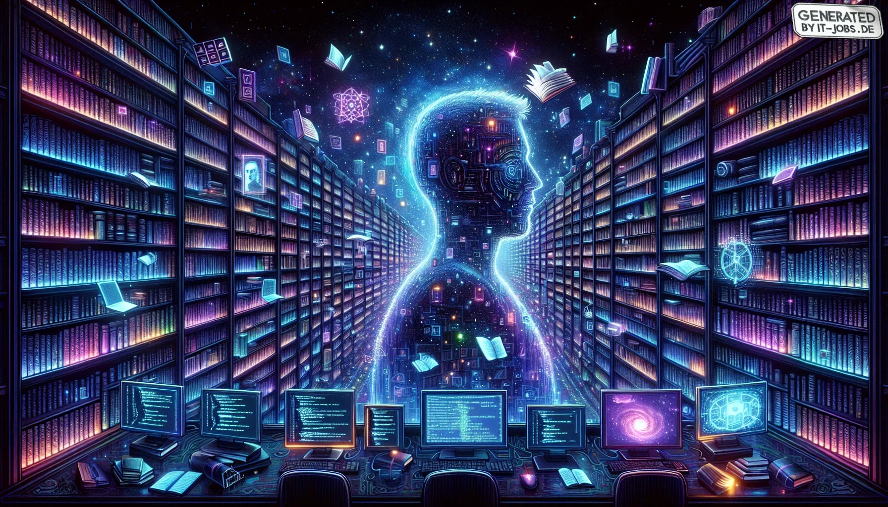 Visualize a dark, immersive digital canvas, dominated by a rich palette of dark purples and midnight blues, creating an otherworldly, mystical atmosphere. The scene is set in a virtual library, an expansive realm filled with towering digital bookshelves t