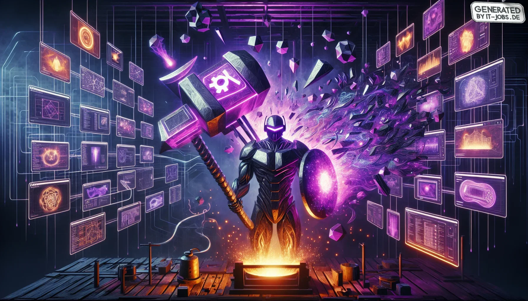 Visualize a vibrant and edgy artwork, bathed in shades of dark purple that evoke a sense of mystery and technological prowess. The background, a textured digital canvas resembling a futuristic blacksmith’s workshop, is scattered with glowing embers and sp