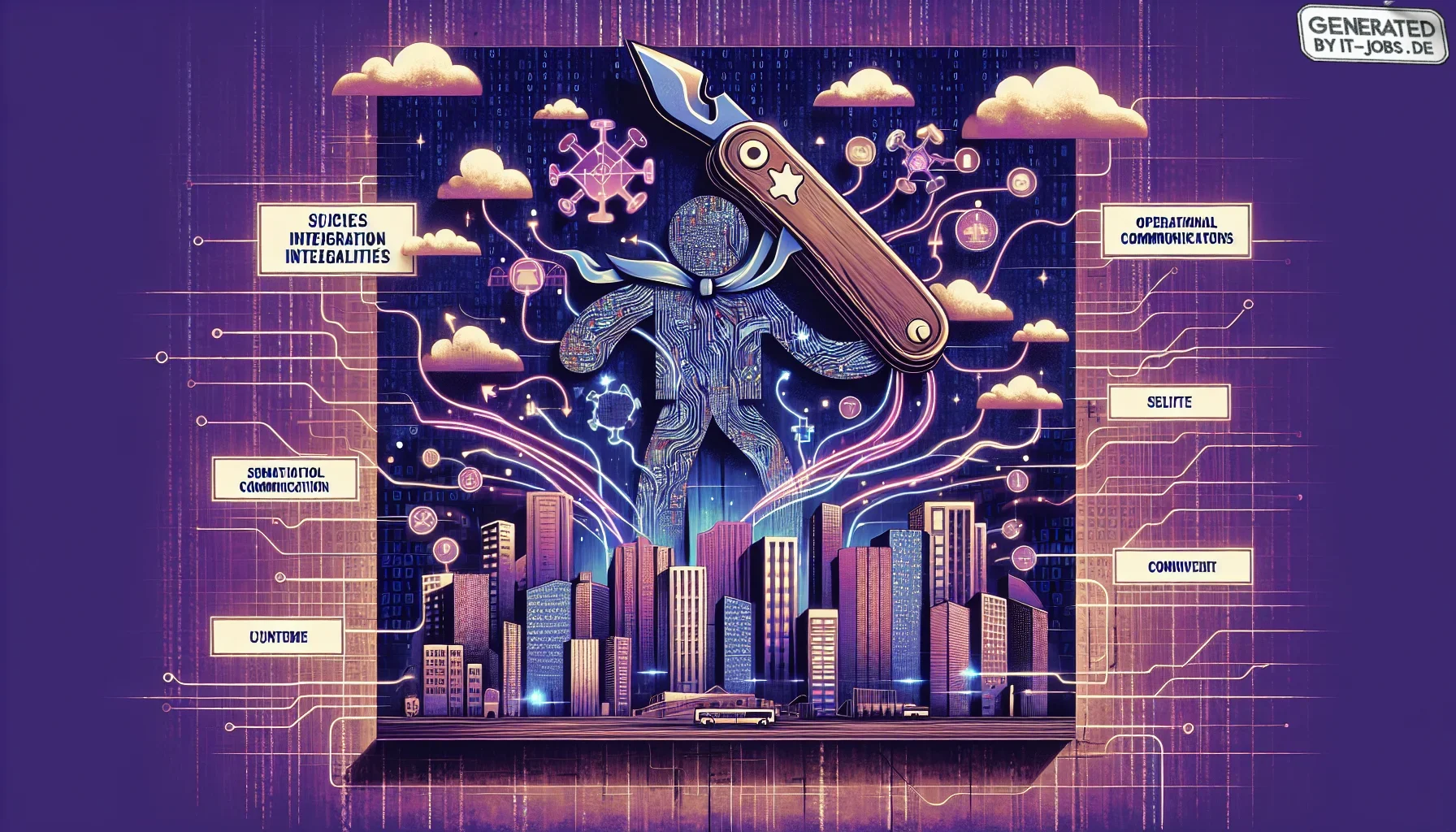 Imagine a striking digital canvas that captures the essence of the Micro Focus Service Manager’s integration capabilities. The background is a deep, moody purple, symbolizing the depth and complexity of the IT world, with subtle binary code textures weavi
