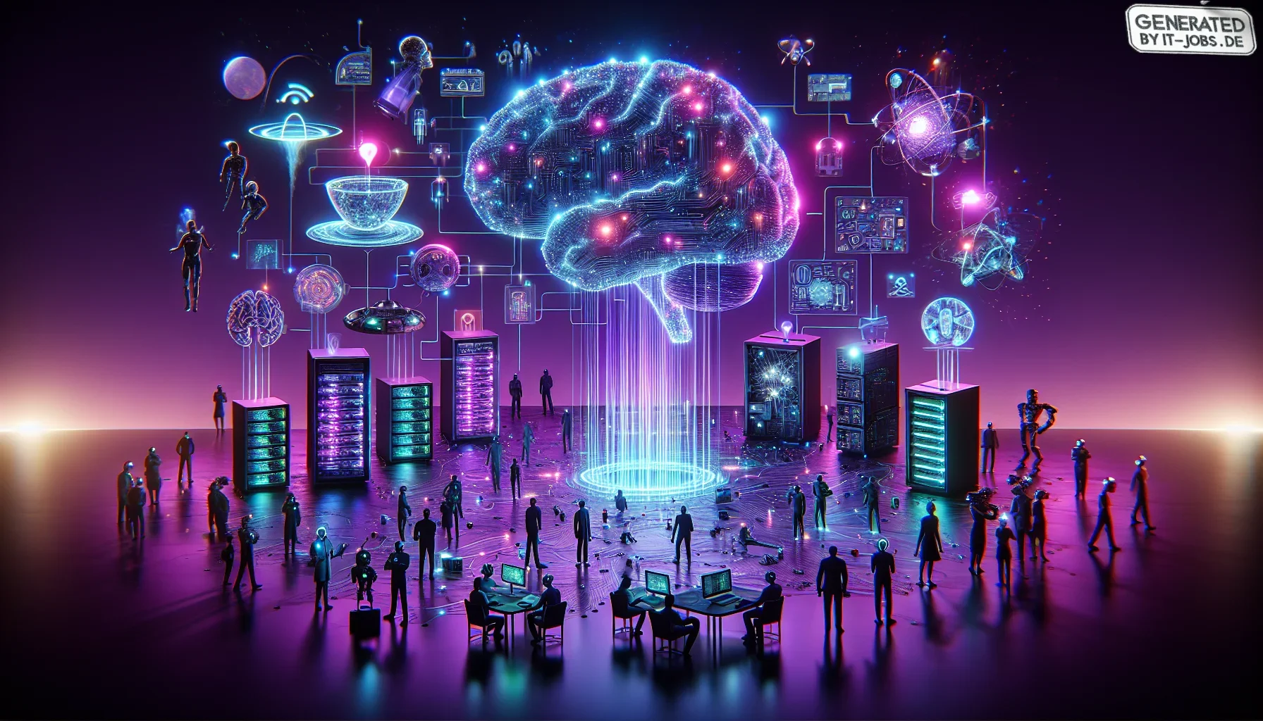 Visualize an expansive, deep purple canvas that forms the backdrop of an intricate and edgy digital illustration. The rich darkness of the purple sets a tone of mystery and innovation, resonant with the theme of advanced technology and artificial intellig