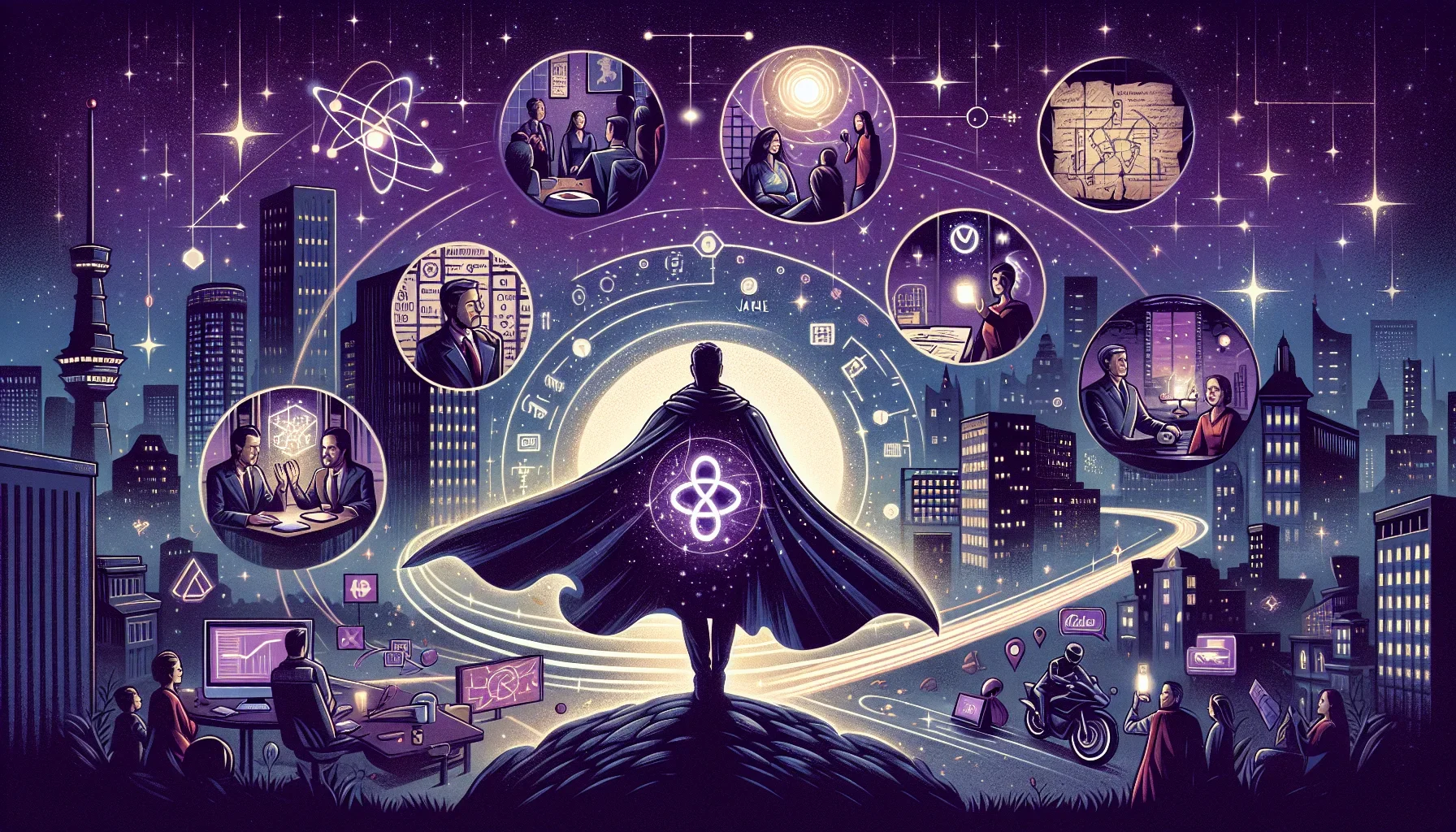 The visualization opens on a dark, mysterious cityscape under a deep purple night sky, punctuated by twinkling stars that subtly form the pattern of code—binary digits that hint at the IT underpinnings of our scene. At the center, a heroic figure stands d