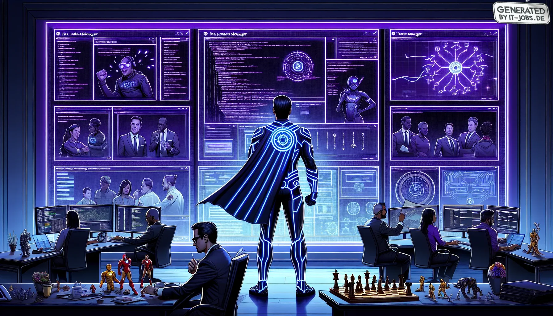 **Visualization Description:**

Picture an expansive, digital canvas bathed in shades of dark purple, setting a mysterious yet enticing tone. The central image features a dynamic, comic book-style layout, illustrating the journey of an Incident Manager, d