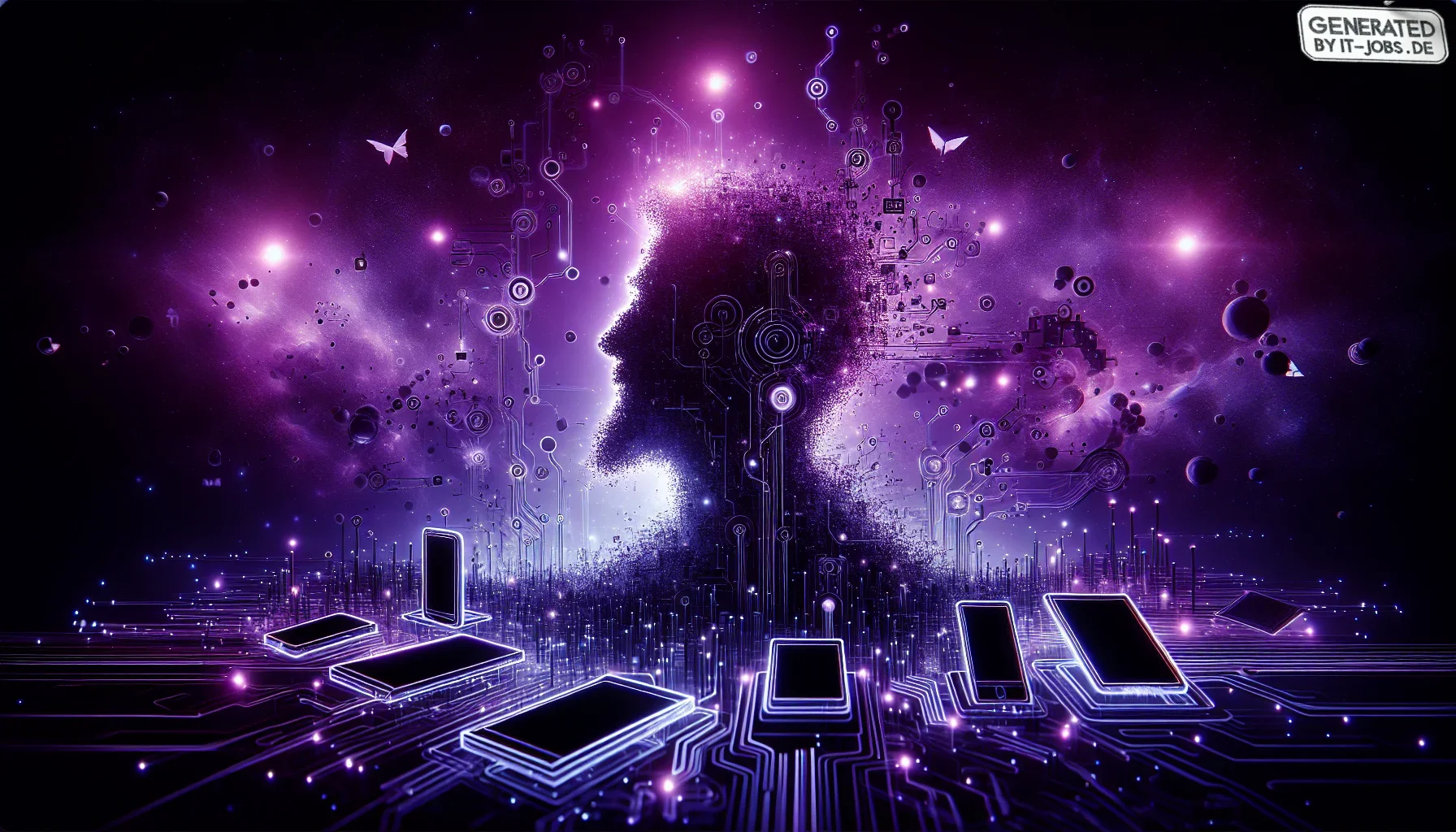 Visualize a sprawling, dynamic digital canvas, soaked in deep, dark purple hues that evoke a sense of mystery and the infinite possibilities of technology. The overall aesthetic is edgy and modern, capturing the essence of innovation and the digital front