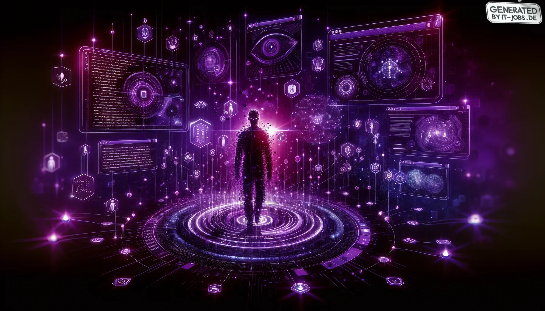 In the visual representation of the key responsibilities of a UAT Specialist, the scene is set in a dynamic and slightly surreal digital world, dominated by deep, dark purple hues that convey a sense of depth and complexity. This backdrop serves as a canv