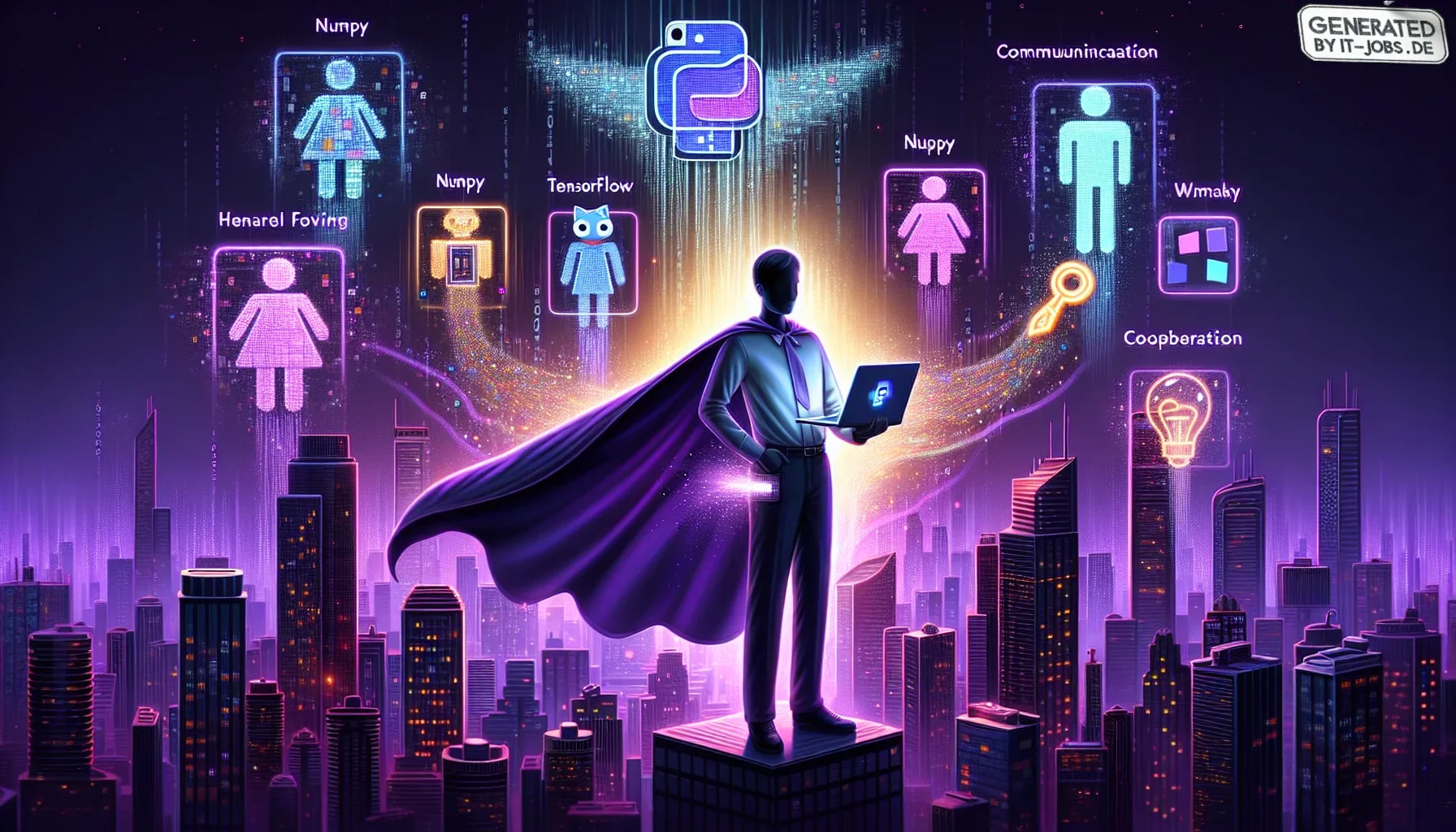 In the heart of a dimly lit, digital metropolis bathed in deep, dark hues of purple, our AI Specialist stands like a modern-day superhero. The skyline is a pixelated array of skyscrapers, adorned with flickering binary code cascading down their surfaces, 