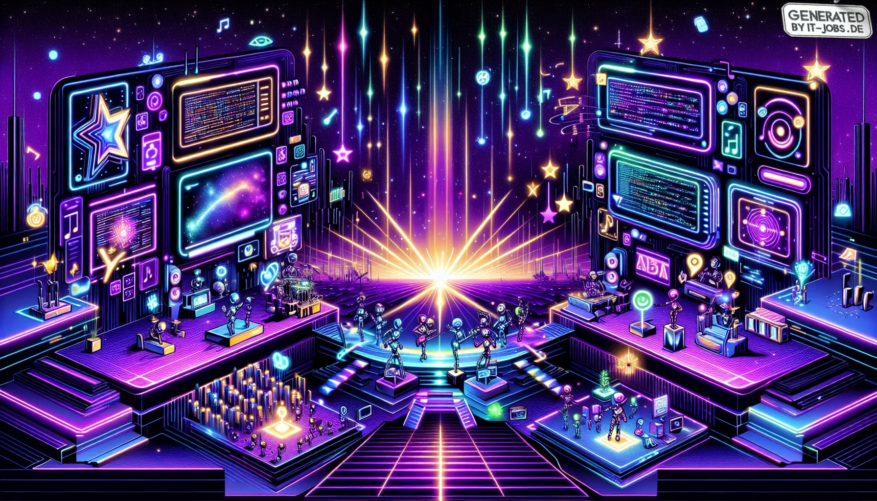 Visualize stepping into a vast, sprawling digital savannah under a deep, dark purple sky that twinkles with stars, symbolizing the expanse of the tech universe. This edgy, high-contrast environment pulses with neon highlights, evoking the vibrant and dyna