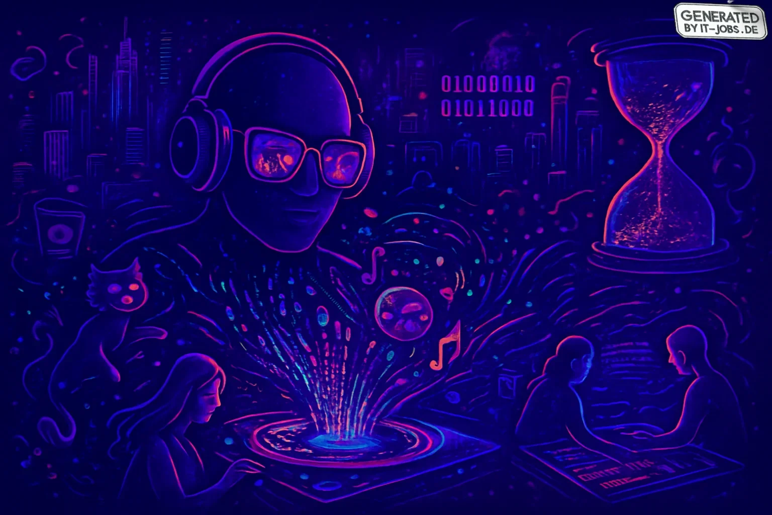 A vibrant digital collage intertwines technology and creativity, dominated by dark purple hues. Central to the scene is a DJ booth with holographic disks projecting binary code and art. An AI DJ in funky glasses mixes visual and musical elements, surround