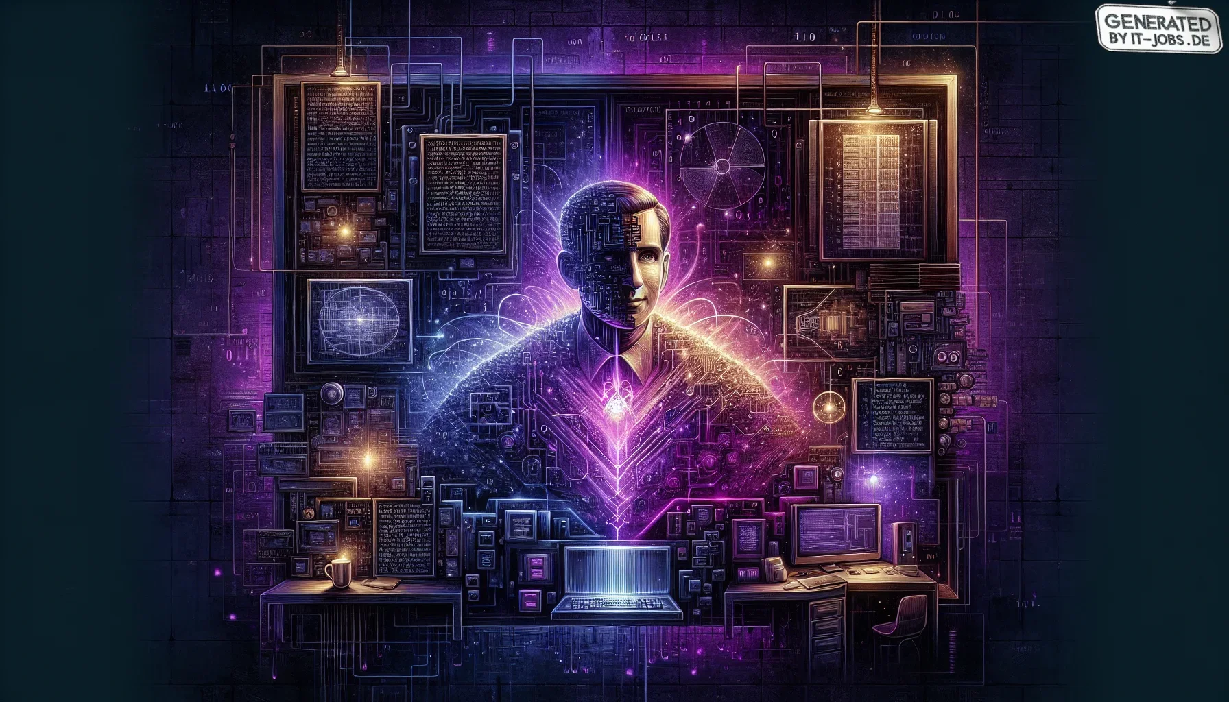 Imagine a vivid, dynamic artwork capturing the essence and legacy of Konrad Zuse, set against a rich, dark purple backdrop that breathes a sense of depth and mystery. This visual representation is not just an image but a narrative scene, filled with edgy 