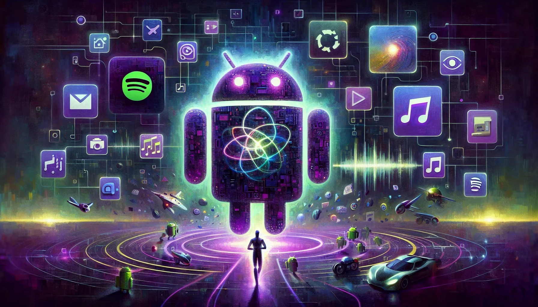 Picture this: A sprawling digital canvas that captures the essence of AI’s transformative impact on Android apps, painted in shades of dark purple, resonating with a deep, enigmatic allure. This image, while visually stunning, is also a playground for the