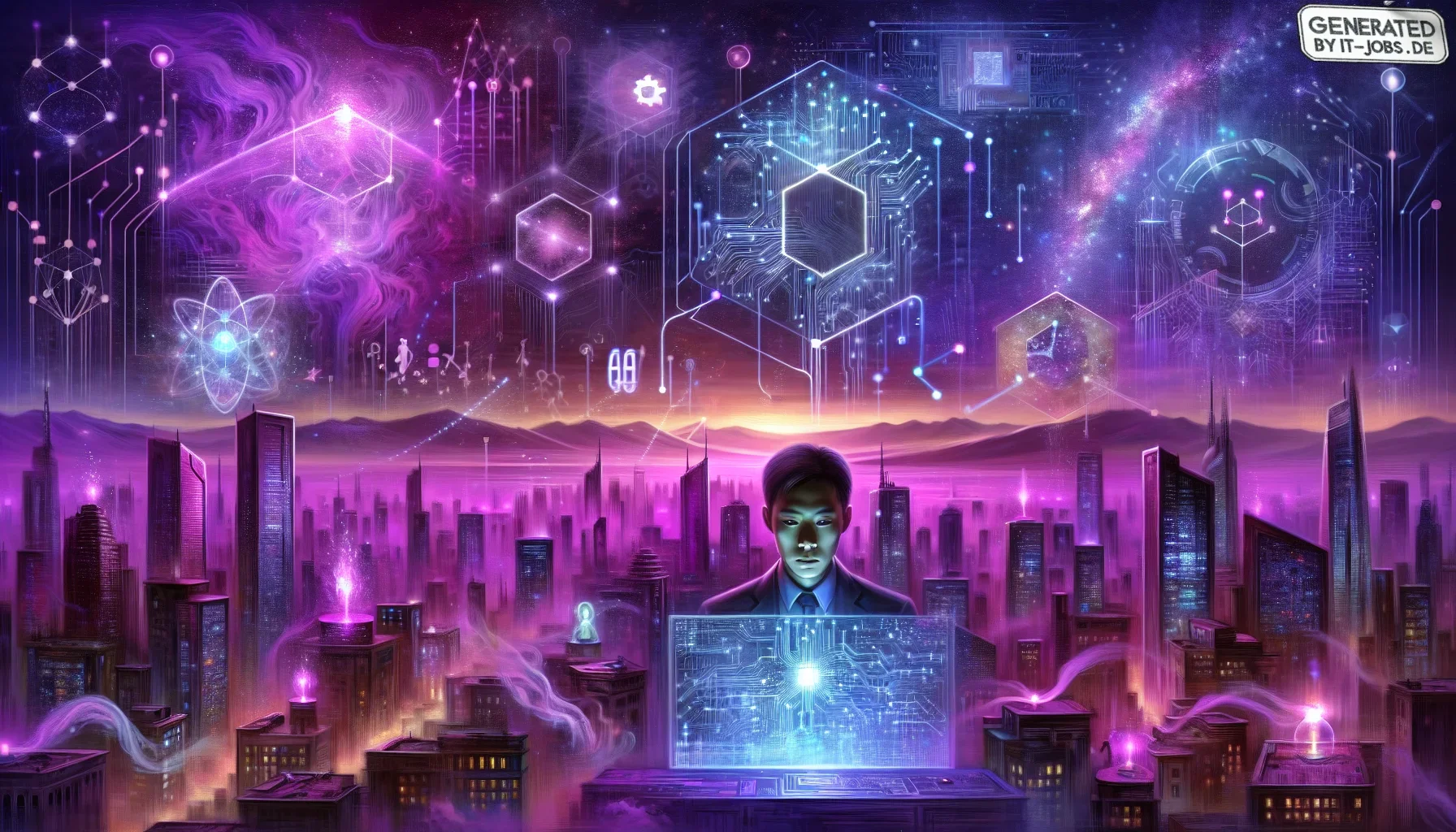 Visualizing the vibrant essence of the concluding chapter on quantum computing, the artwork unfolds on a canvas swathed in dark purple hues, resonating with the mysterious and profound nature of the quantum realm. This edgy and atmospheric backdrop sets t