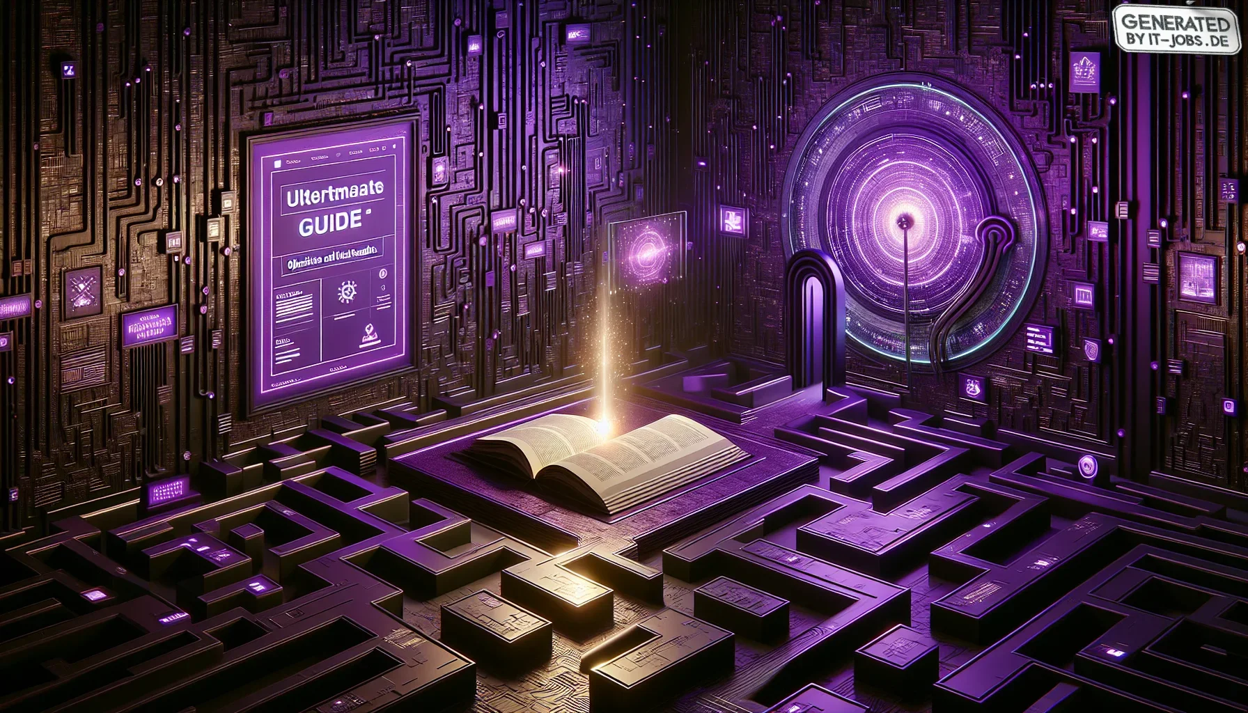 In the visualization of the content described, you enter a vividly imaginative, digital world predominantly cast in shades of dark purple, creating an ambience that is both mysterious and intellectually stimulating. The scene is set in a sprawling, digita