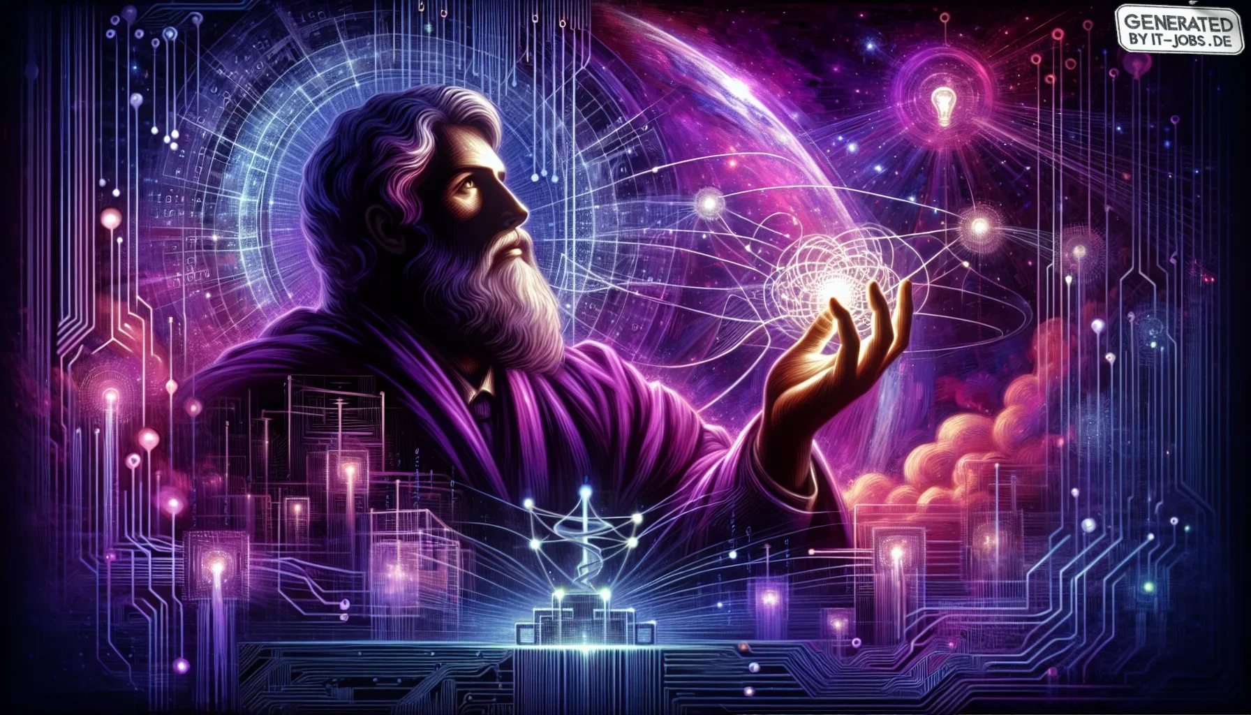 The visualization of the paragraph about Vint Cerf's key contributions and innovations in the digital domain is an artistically rich and captivating digital illustration. The primary hue enveloping the scene is a dark, enigmatic purple, creating a backdro