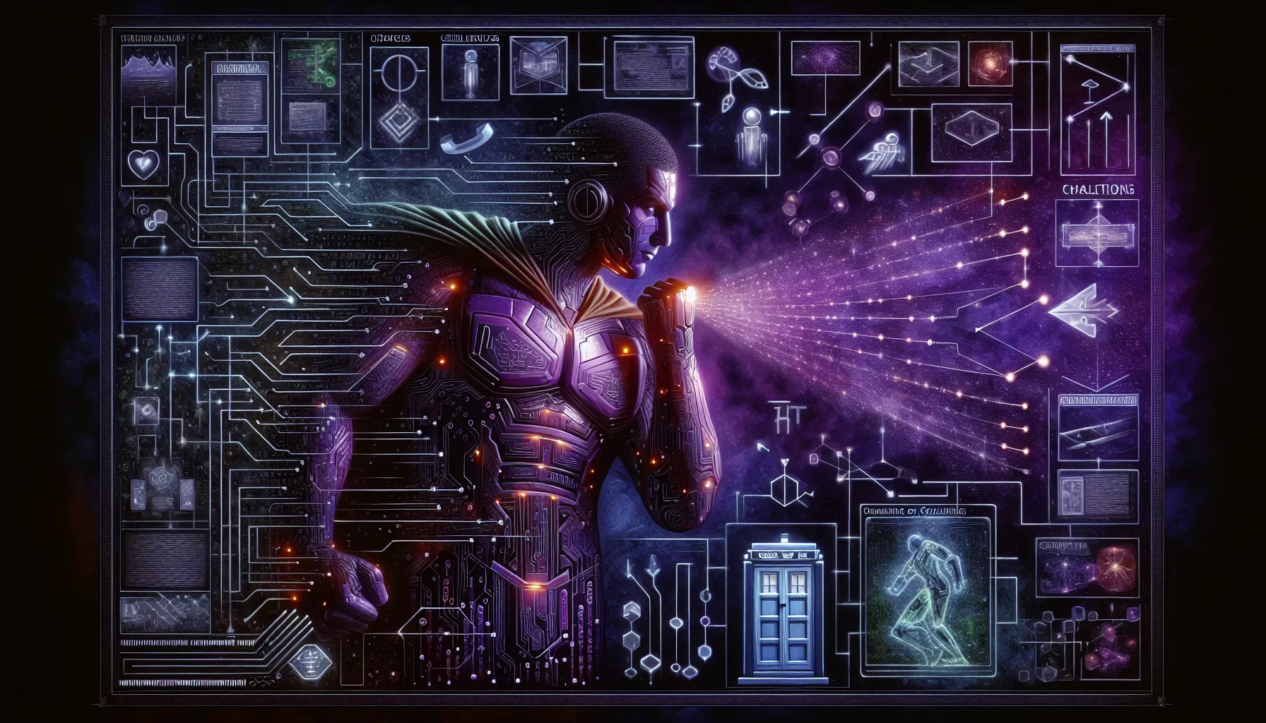 Visualize a vibrant digital canvas, dominated by dark purple hues, creating an almost cosmic backdrop that resonates with the complexities and depths of the IT consulting universe. This image encapsulates the dynamic and challenging world of IT consulting