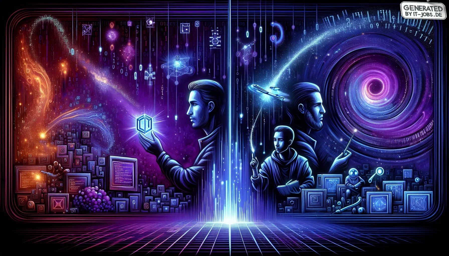 Visualize a captivating and dynamic artwork that pulsates with the essence of innovation, set against a deep, dark purple backdrop that evokes a sense of mystery and the profound depths of digital exploration. The central focus of this image is a stylized