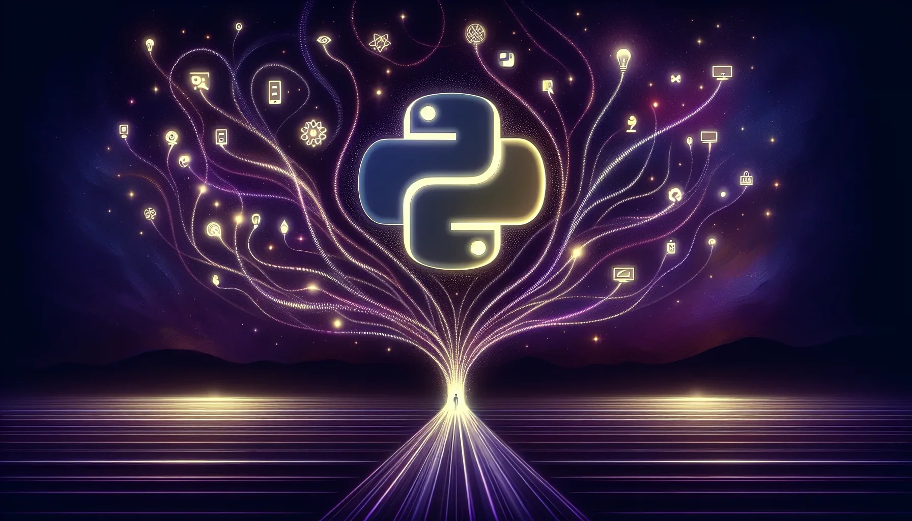 In the visualization of the paragraph on Python's core features, you are enveloped in a dynamic, vivid scene that captures the essence and spirit of Python programming. The background is a deep, dark purple, setting a tone that is both mysterious and inte