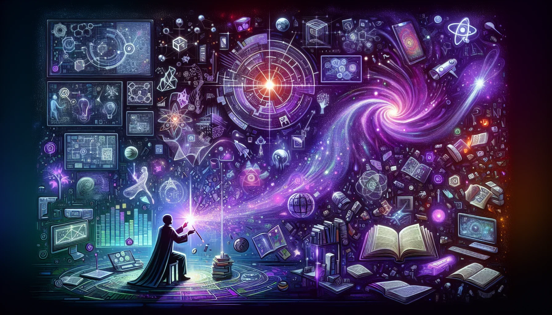 In the visualization of the described paragraph, the scene is set in a striking and immersive digital command center, bathed in hues of dark purple and neon accents, capturing the high-tech essence of a BI analyst's world. The overall style is sleek, mode