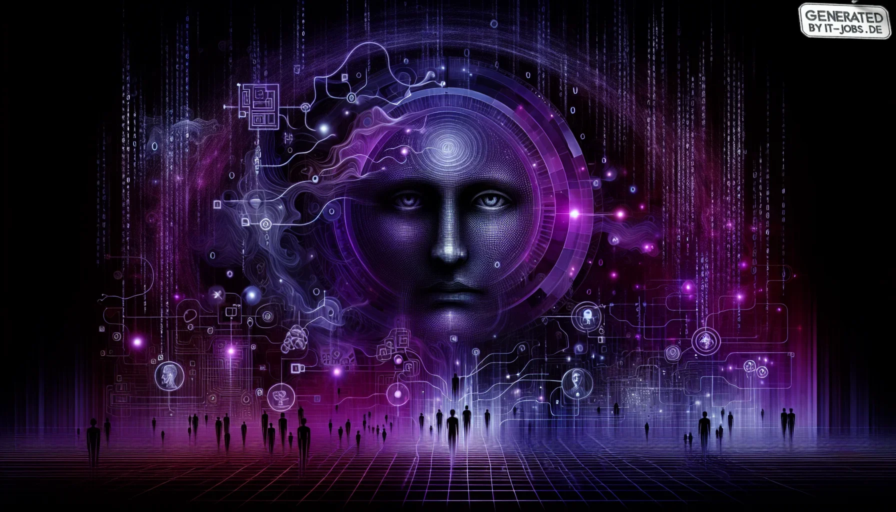 Visualize a vivid, edgy digital canvas pulsing with deep shades of dark purple, the primary hue setting a mysterious and innovative tone. At the center, a large, ethereal portrait of Joseph Carl Robnett Licklider, his gaze penetrating and wise, surrounded