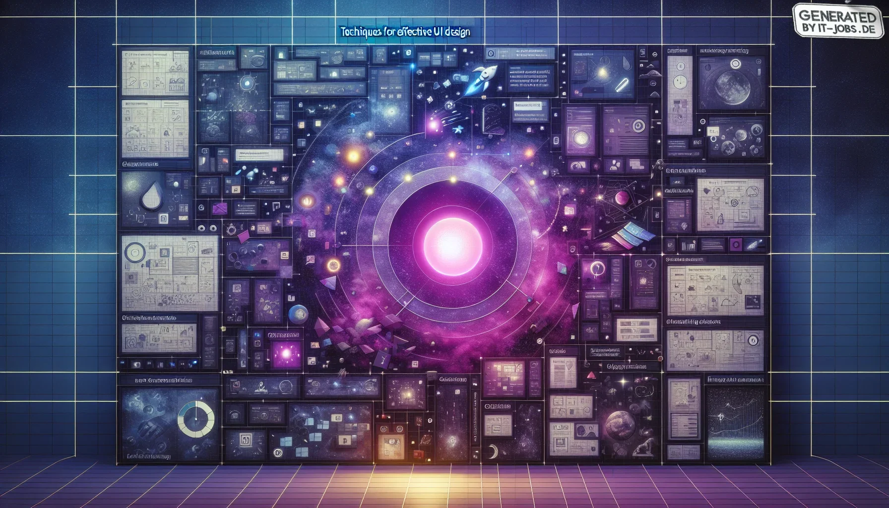 Visualize a large, dark purple canvas, split into multiple dynamic, overlapping panels, each representing a different UI design tool or technique, creating a sense of depth and layering in the digital space. The overall tone is moody yet vibrant, encapsul