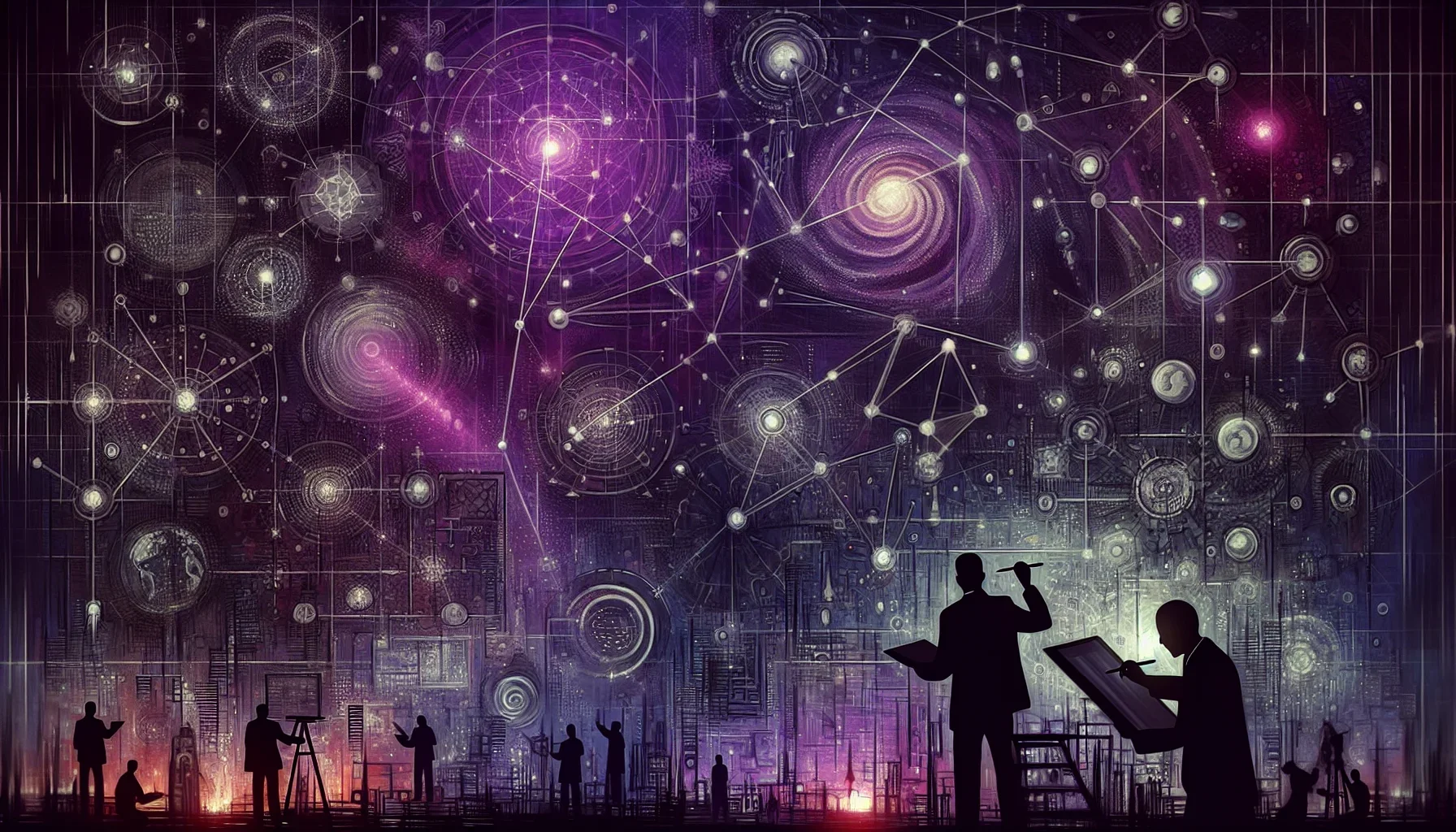 In a striking visualization harmonizing the essence of the paragraph, the canvas is steeped in hues of dark purple, creating a rich, technological backdrop that immediately captures the viewer's attention. The edgy, modern style of the artwork mirrors the