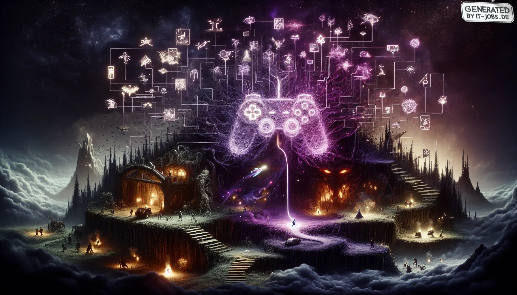 Picture an atmospheric digital artwork that breathes life into the concept of integrating narrative elements in game development. The entire scene is draped in a deep, dark purple hue, evoking a sense of mystery and the unknown, perfectly capturing the es