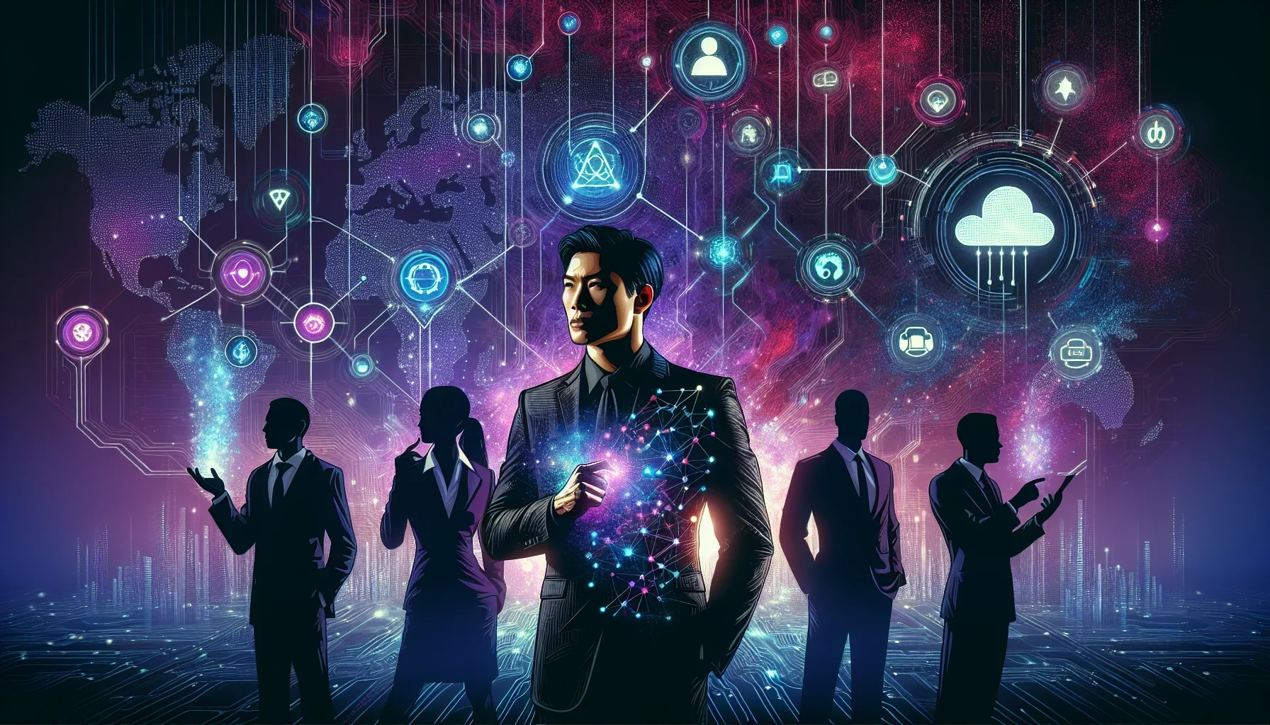 Visualize a striking digital art piece, dominated by shades of dark purple, setting a scene that is both mysterious and compelling. The background, a complex web of interconnected digital nodes and circuits, subtly pulses with neon blues and greens, embod