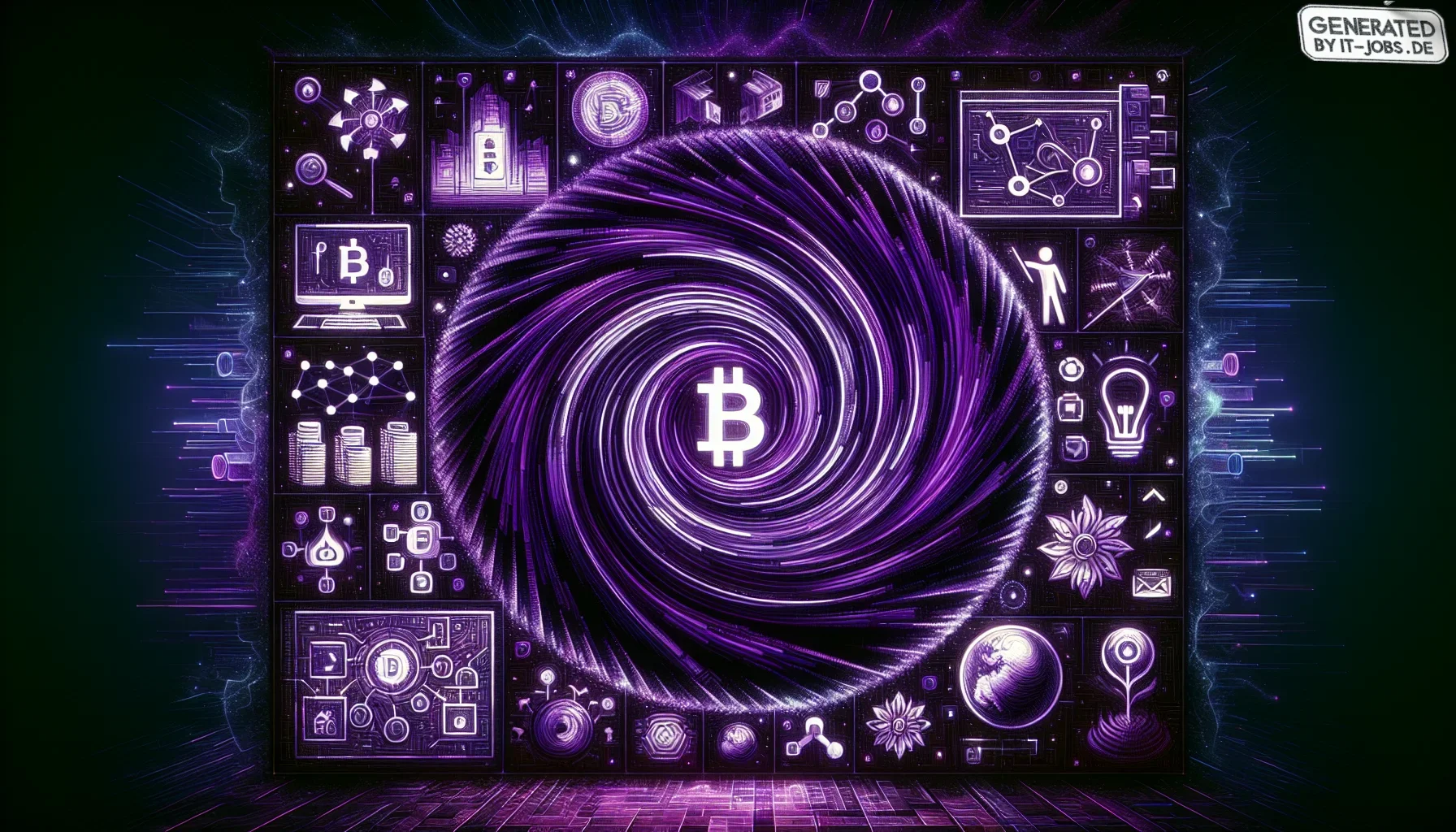 Visualize a vivid, dynamic artwork bursting with a rich, dark purple palette, setting a mysterious and innovative tone. The entire scene is framed within a futuristic, digital landscape that feels both expansive and intricate. At the center, a large, glow
