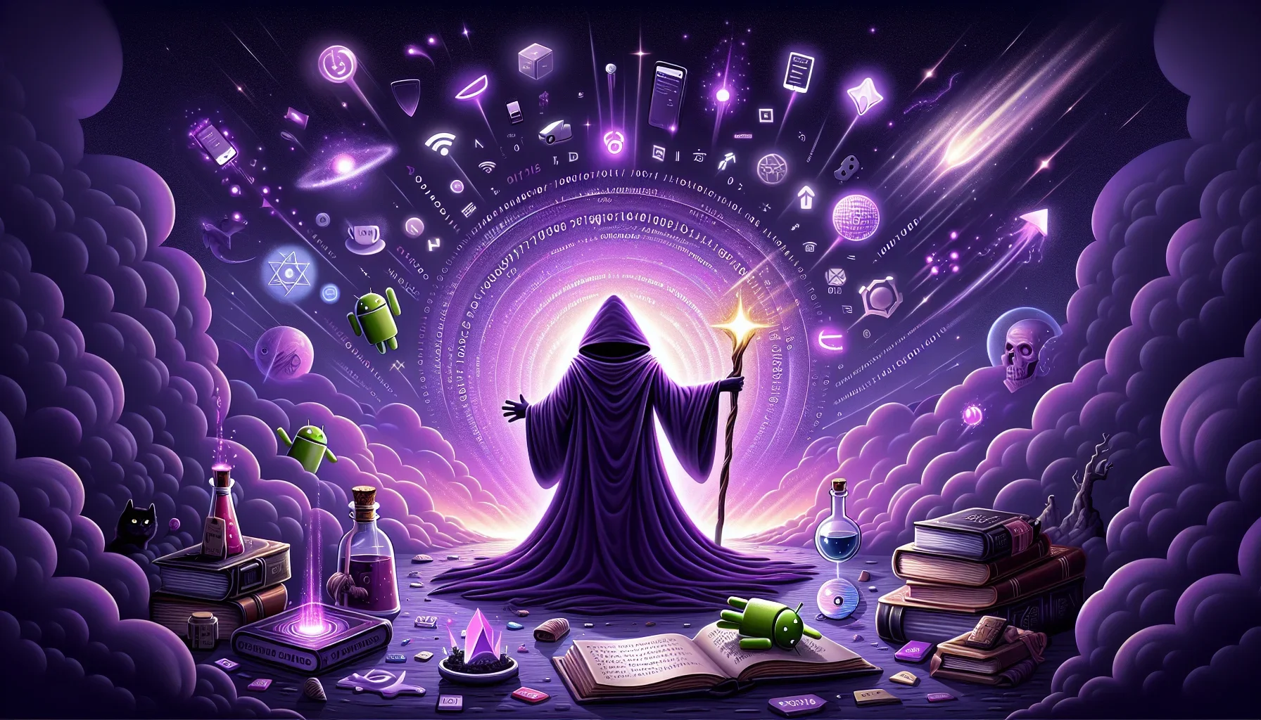 Visualize a strikingly edgy digital canvas, where dark purple hues dominate the background, setting a mysterious and profound tone that encapsulates the essence of Java in the world of Android development. This is not just a picture; it’s a story, a narra
