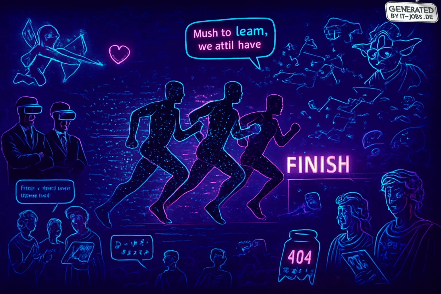 Set against a dark purple cosmic backdrop, AI specialists sprint toward a glowing finish line, leaving trails of binary code. Spy-like figures, algorithmic dances, and humorous Easter eggs weave pop-culture and IT humor, while shadows hint at ethical dile