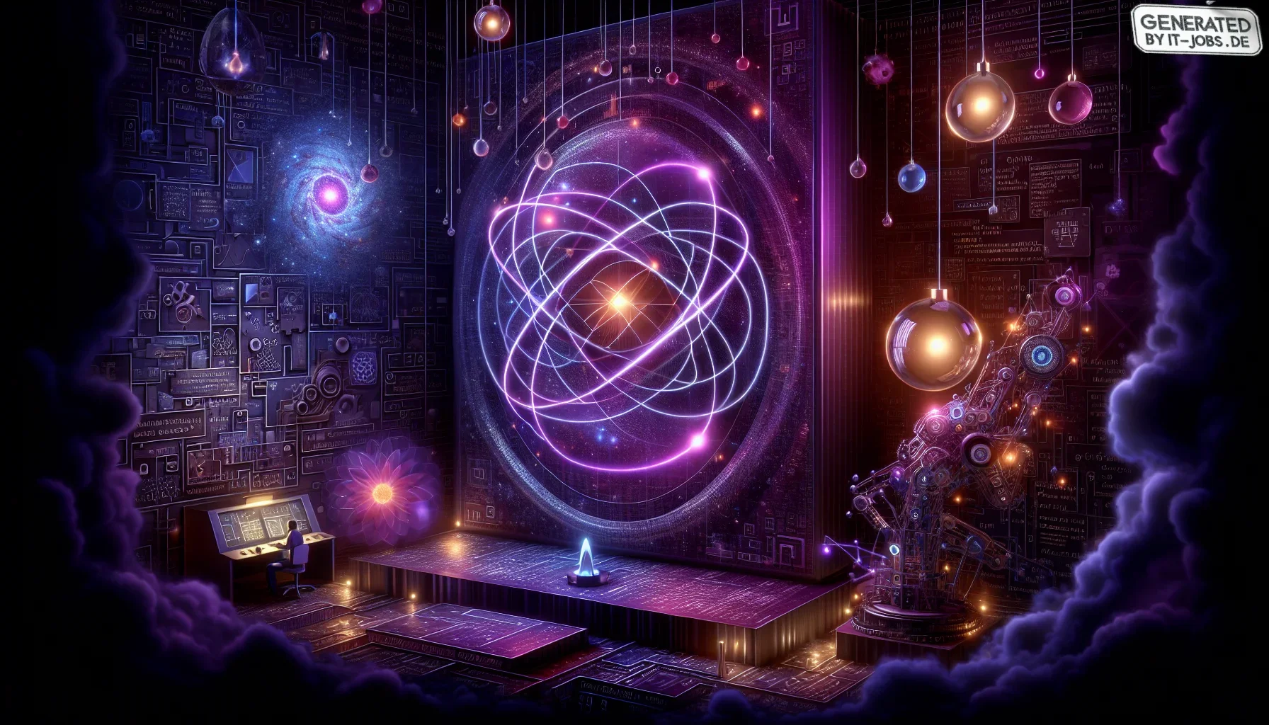 Visualize a compelling and immersive digital artwork that captures the essence of the thrilling yet complex world of optimizing quantum algorithms. The overall tone of the image is a rich, dark purple, embodying the mysterious and profound depths of quant