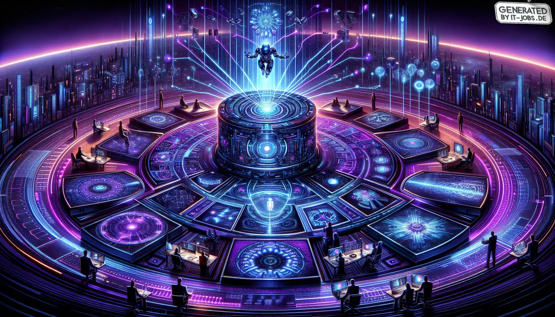 Visualize a large, dynamic digital canvas, awash in deep, dark purple hues, accentuated by neon blues and flickering silvers that mimic the eclectic vibrancy of a futuristic city at night. The composition is bold and edgy, reflective of the forward-thinki