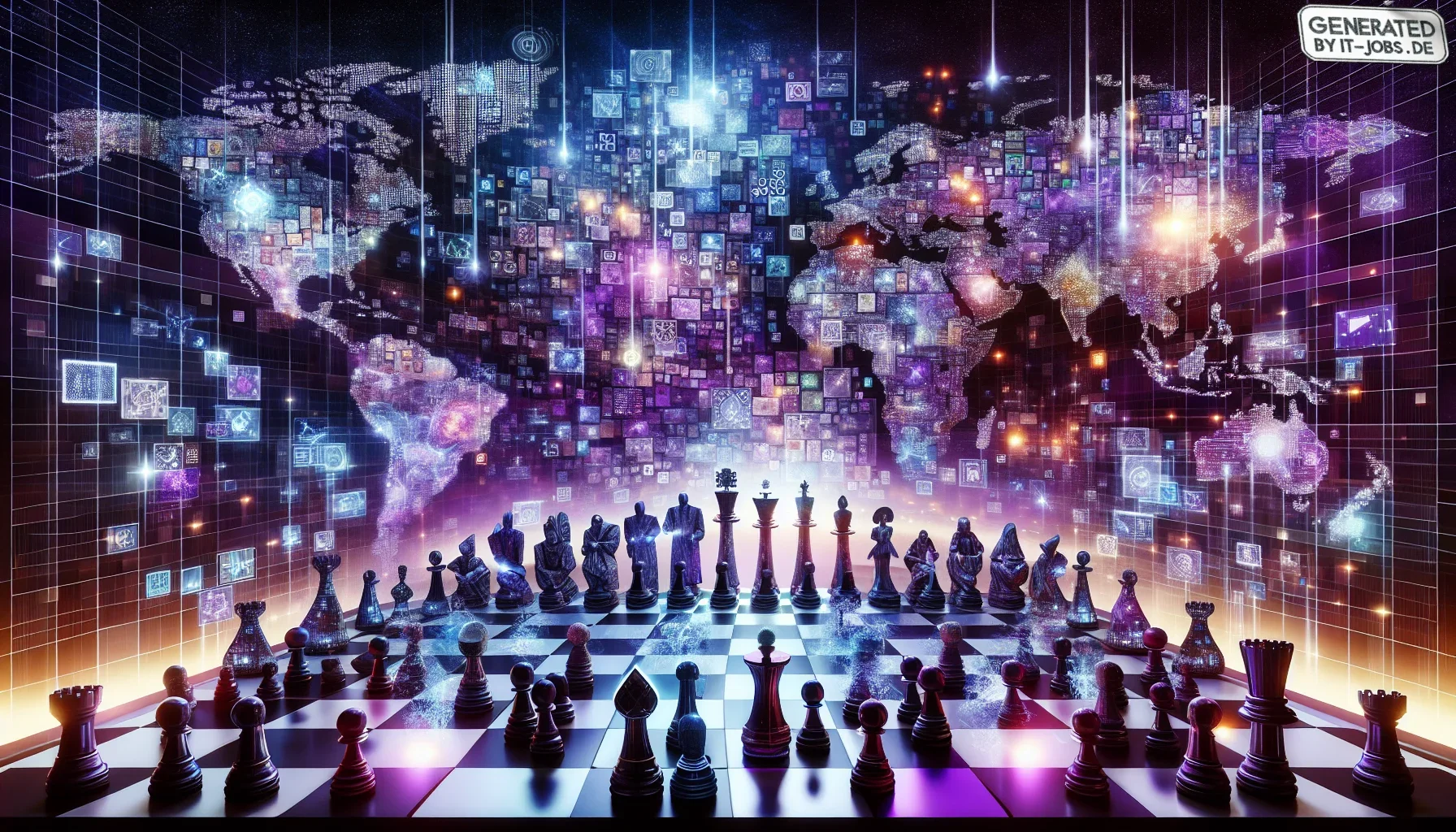 Imagine a dynamic and visually intense digital artwork that captures the essence of the global challenges in AI governance. The scene is set on a vast, dark purple digital chessboard that stretches endlessly into the horizon, symbolizing the strategic bat