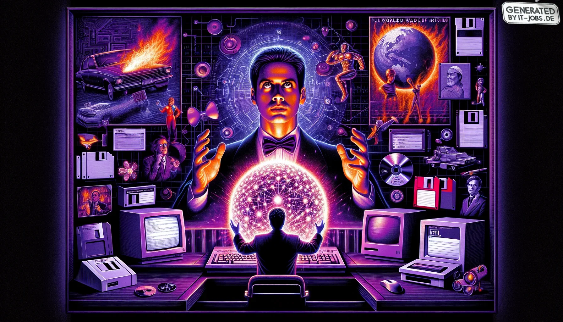 Imagine a digital canvas that bursts with the mysterious allure of dark purple, symbolizing both the deep unknown and the rich potential of the early web. In this edgy, almost cyberpunk-style visualization, Tim Berners-Lee is central, depicted as a vision