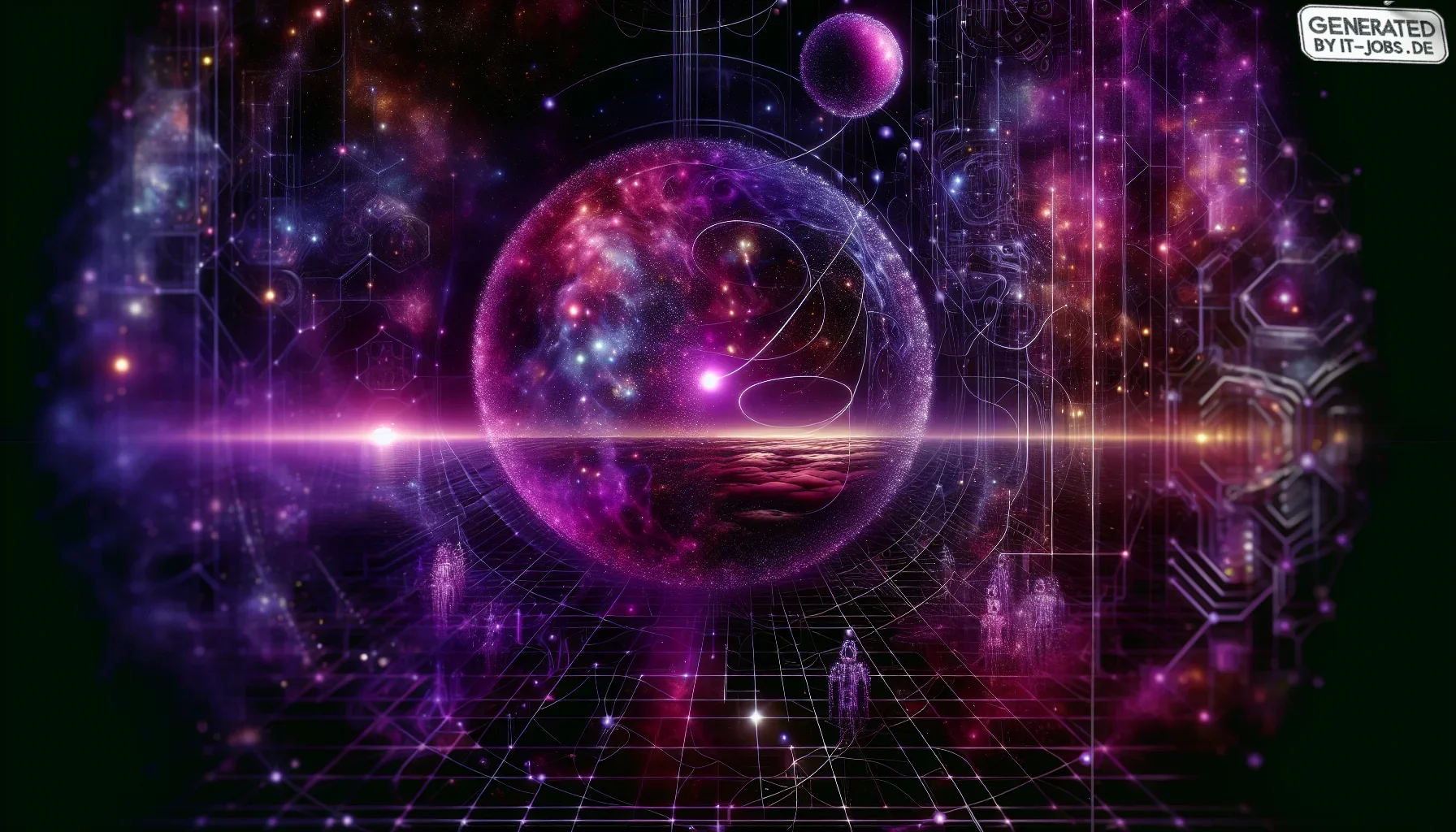 Visualize a bold and immersive digital artwork that pulsates with a rich, dark purple hue, symbolizing the mysterious and profound depths of quantum computing. The scene is set against a cosmic backdrop that mimics the infinite expanse of the quantum univ