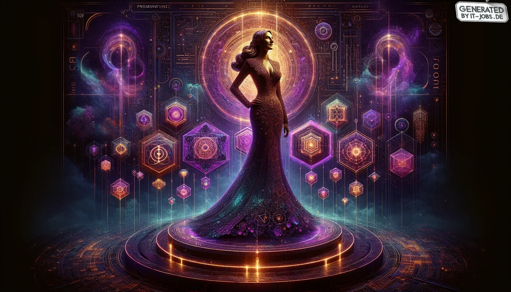 Imagine a richly textured, visually striking digital art piece that captures the essence of Barbara Liskov’s monumental impact on the world of computer science. The canvas is dominated by dark purple hues, symbolizing deep wisdom and the majestic legacy o
